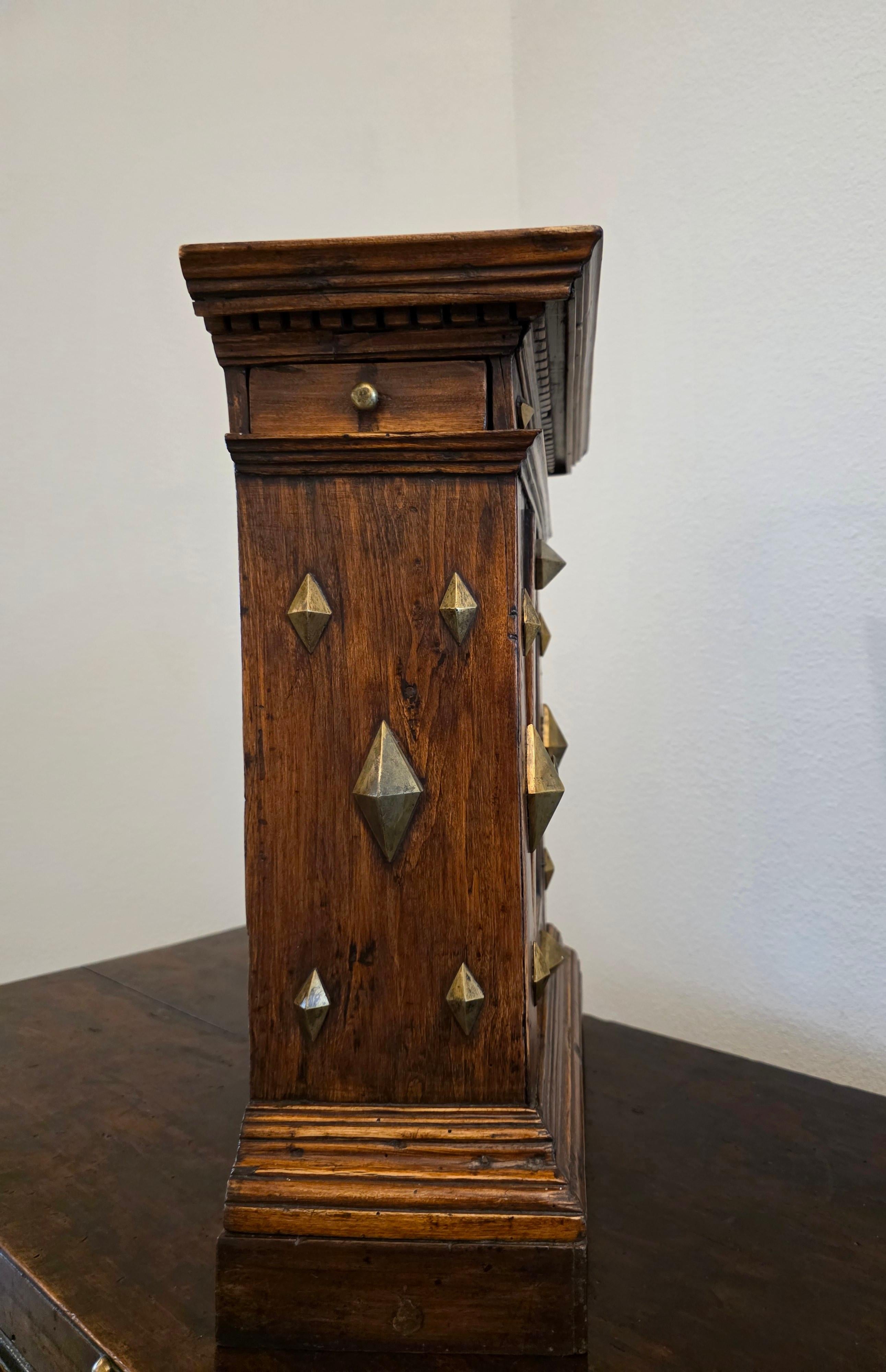Antique Italian Renaissance Era Brass Mounted Walnut Table Cabinet Wall Cupboard For Sale 2