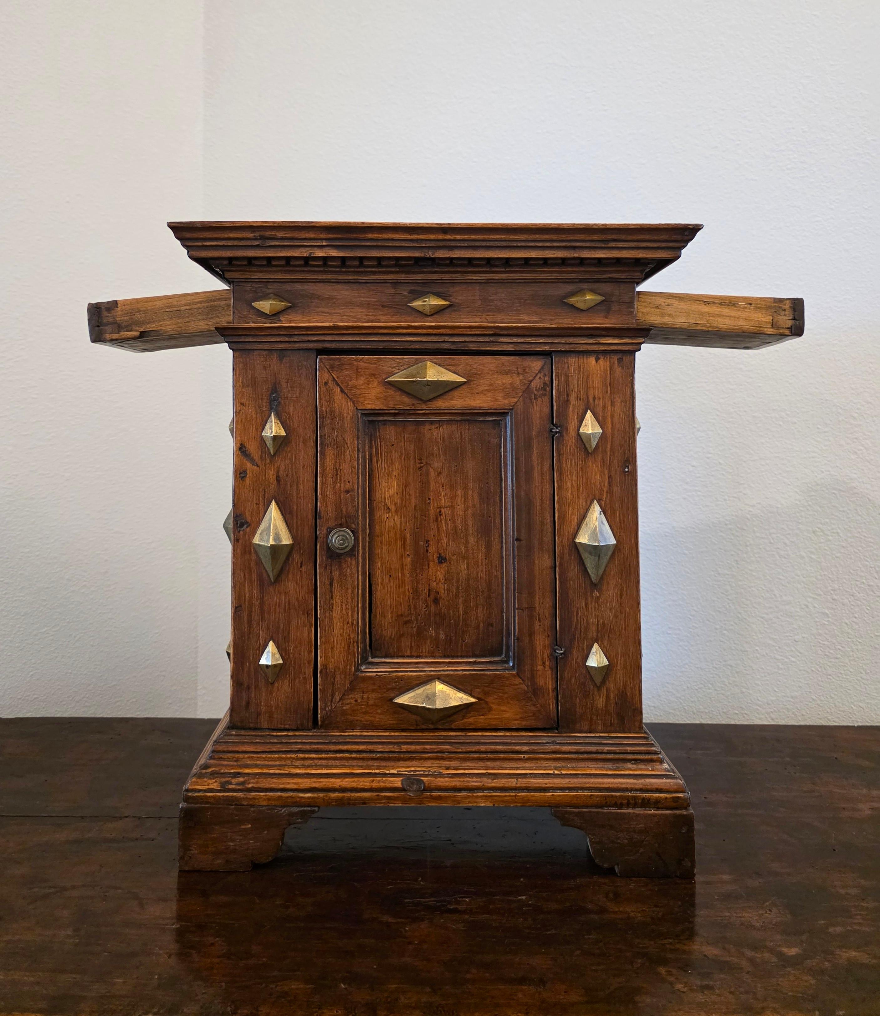 Antique Italian Renaissance Era Brass Mounted Walnut Table Cabinet Wall Cupboard For Sale 3