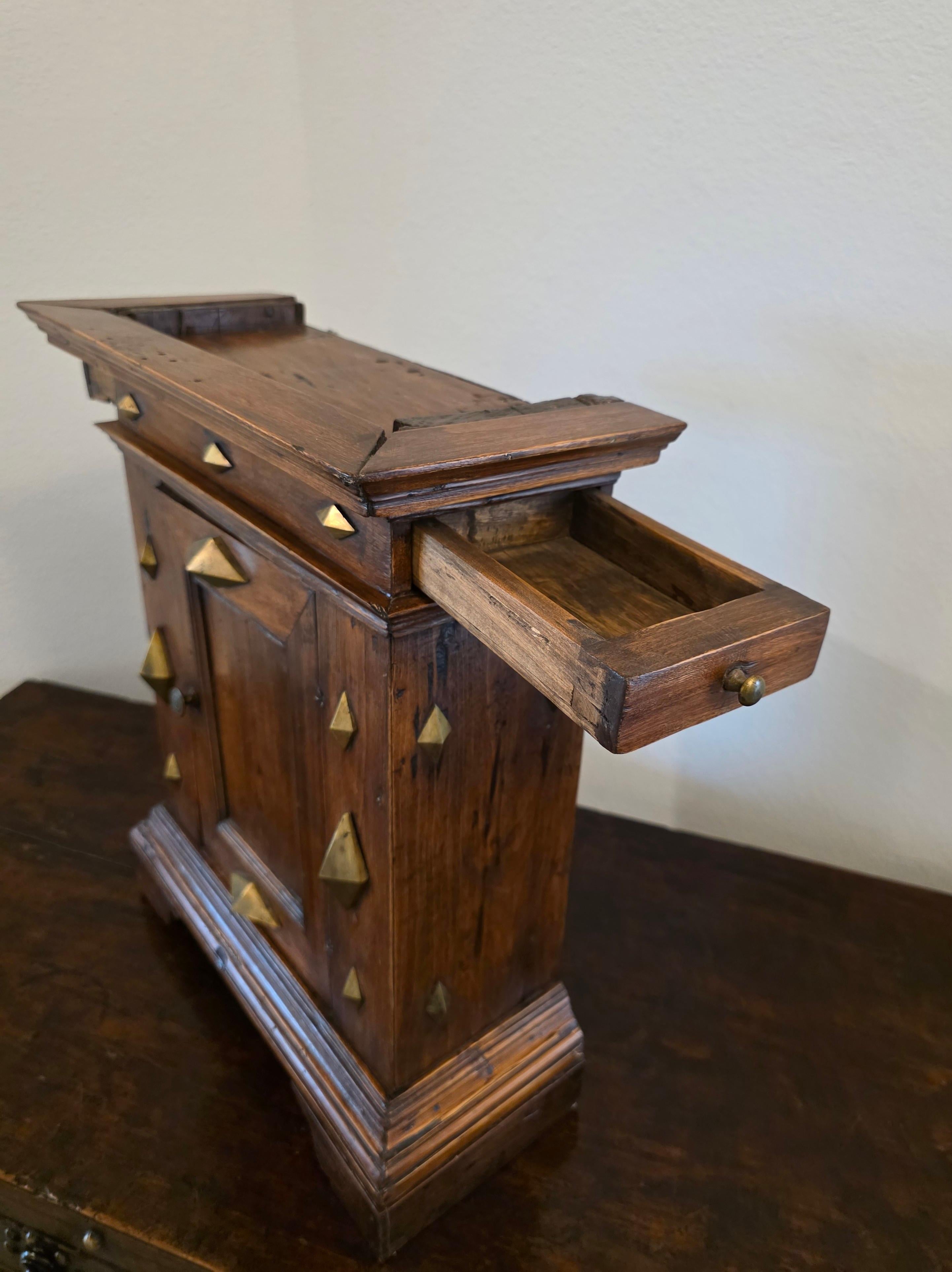 Antique Italian Renaissance Era Brass Mounted Walnut Table Cabinet Wall Cupboard For Sale 4