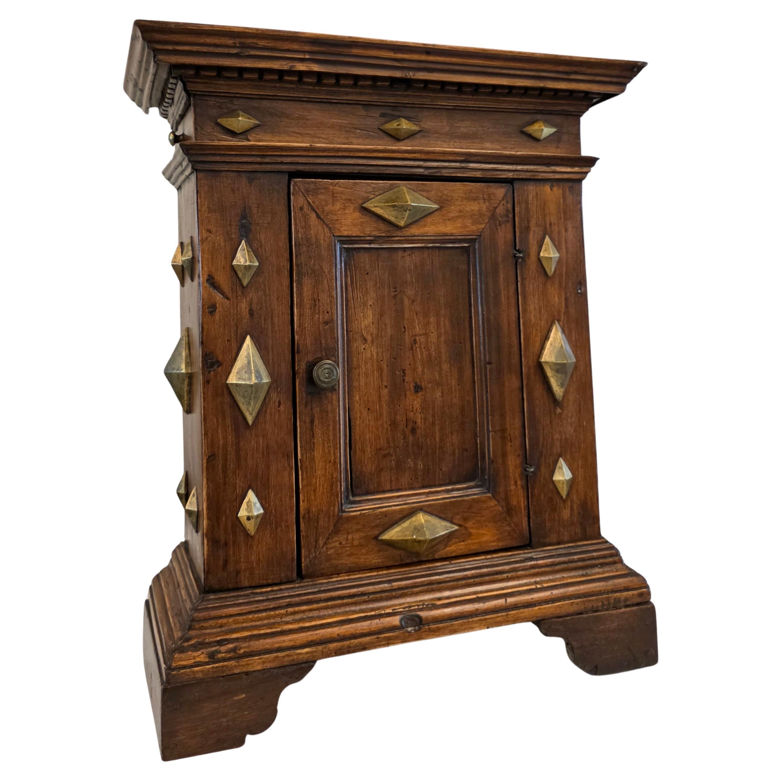 Antique Italian Renaissance Era Brass Mounted Walnut Table Cabinet Wall Cupboard For Sale