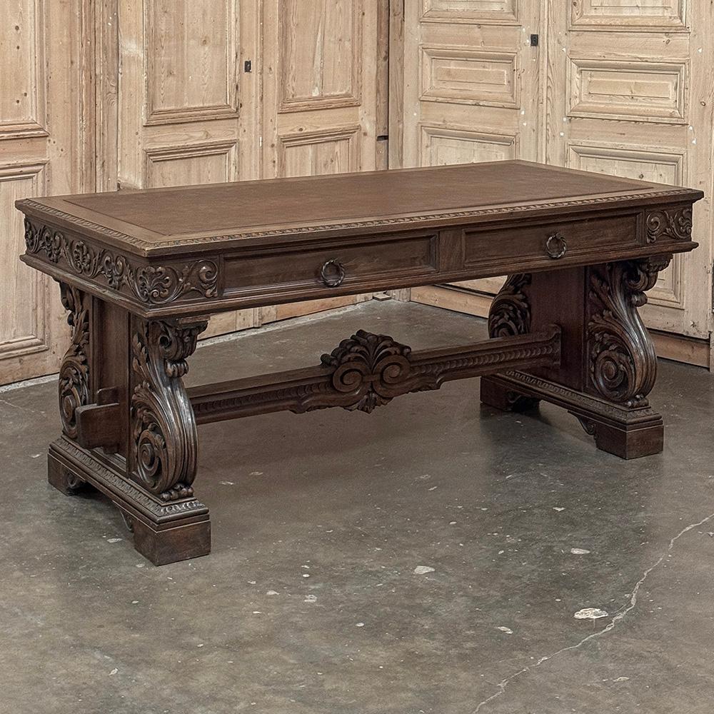 Renaissance Revival Antique Italian Renaissance Executive Desk with Faux Leather For Sale