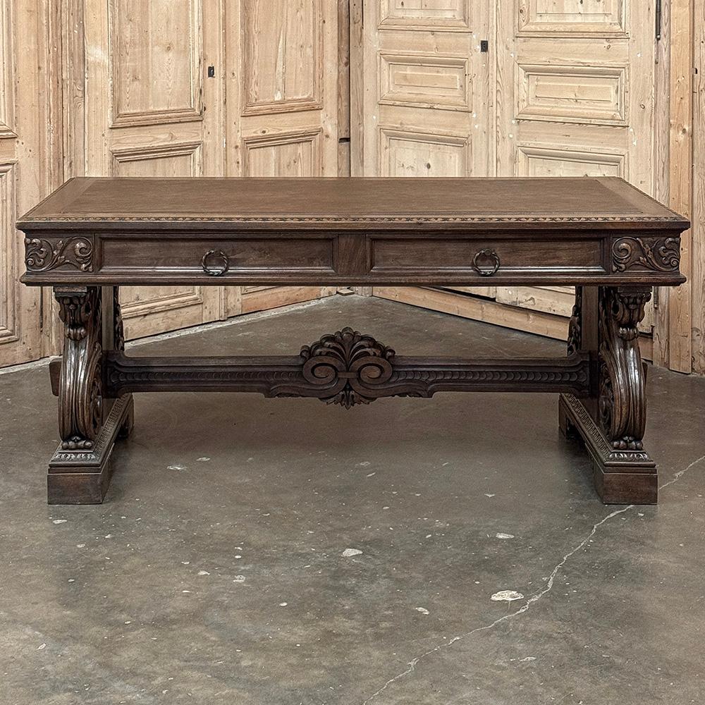 Hand-Crafted Antique Italian Renaissance Executive Desk with Faux Leather For Sale