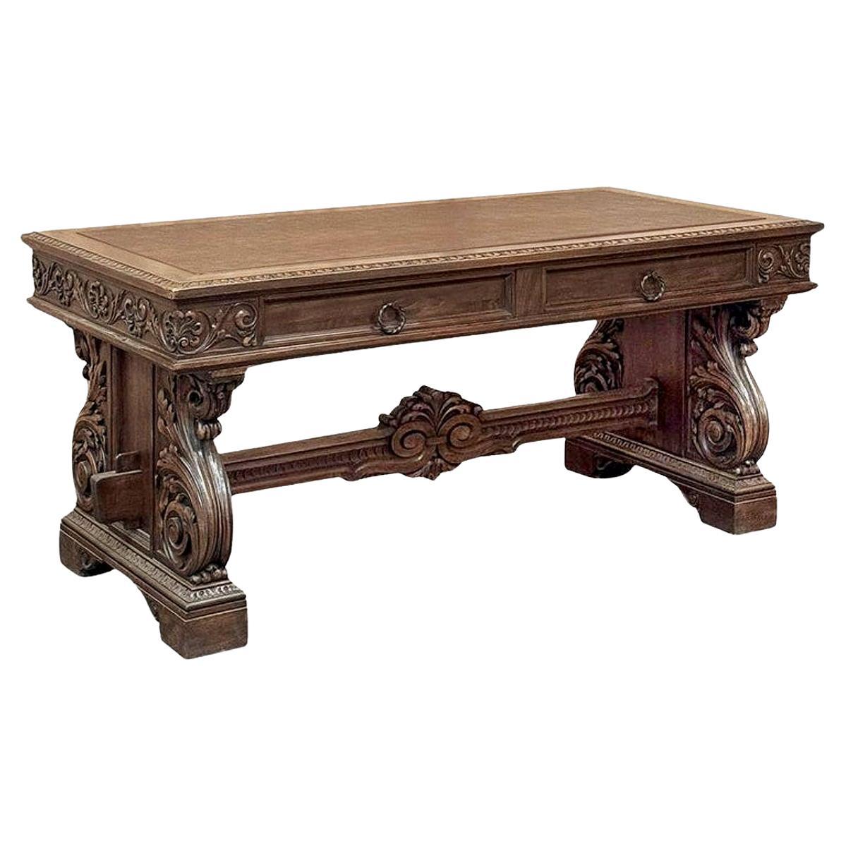 Antique Italian Renaissance Executive Desk with Faux Leather For Sale