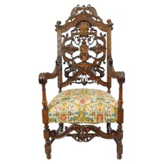 Antique Italian Renaissance Figural Bird & Lion Carved Walnut Throne Chair