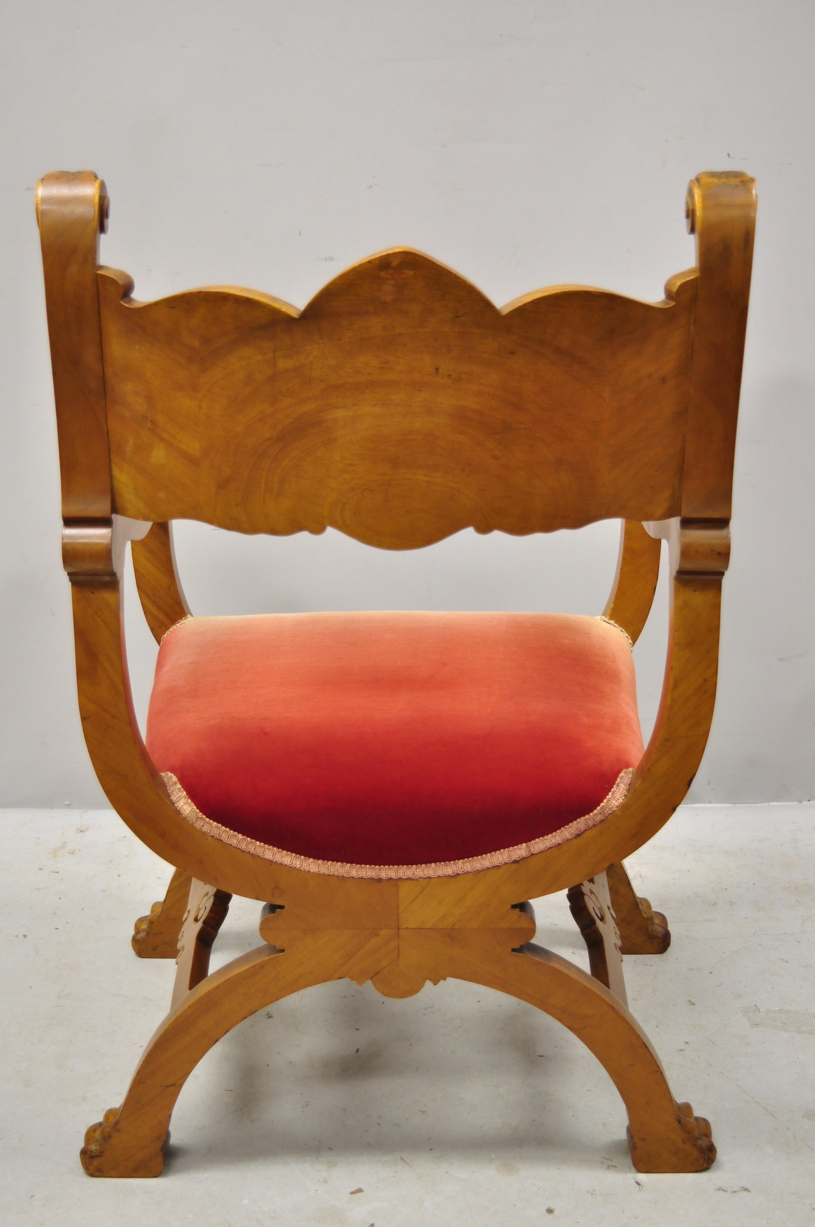 Antique Italian Renaissance Figural Carved Mahogany & Velvet Curule Throne Chair 2
