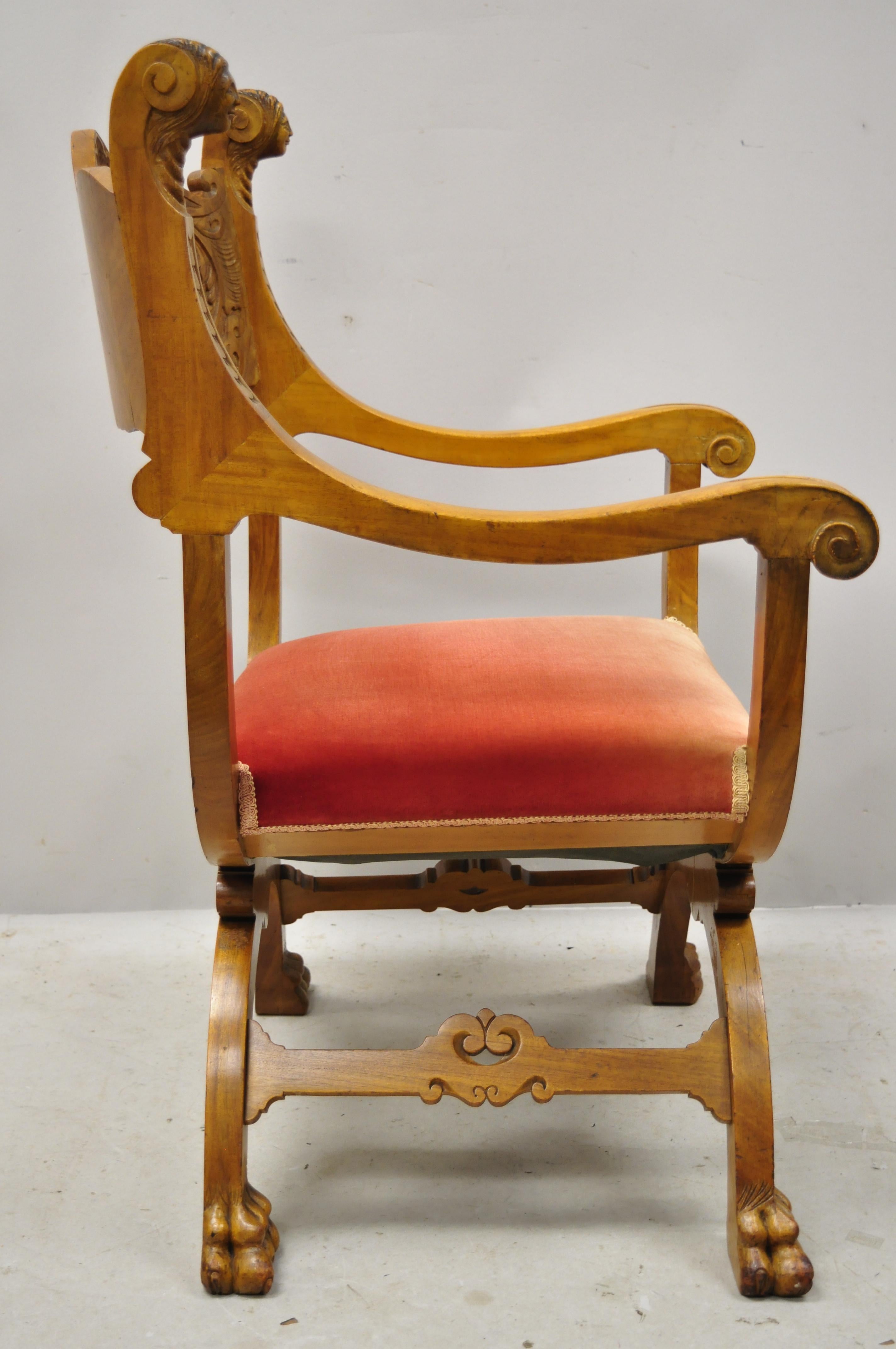 Antique Italian Renaissance Figural Carved Mahogany & Velvet Curule Throne Chair 3