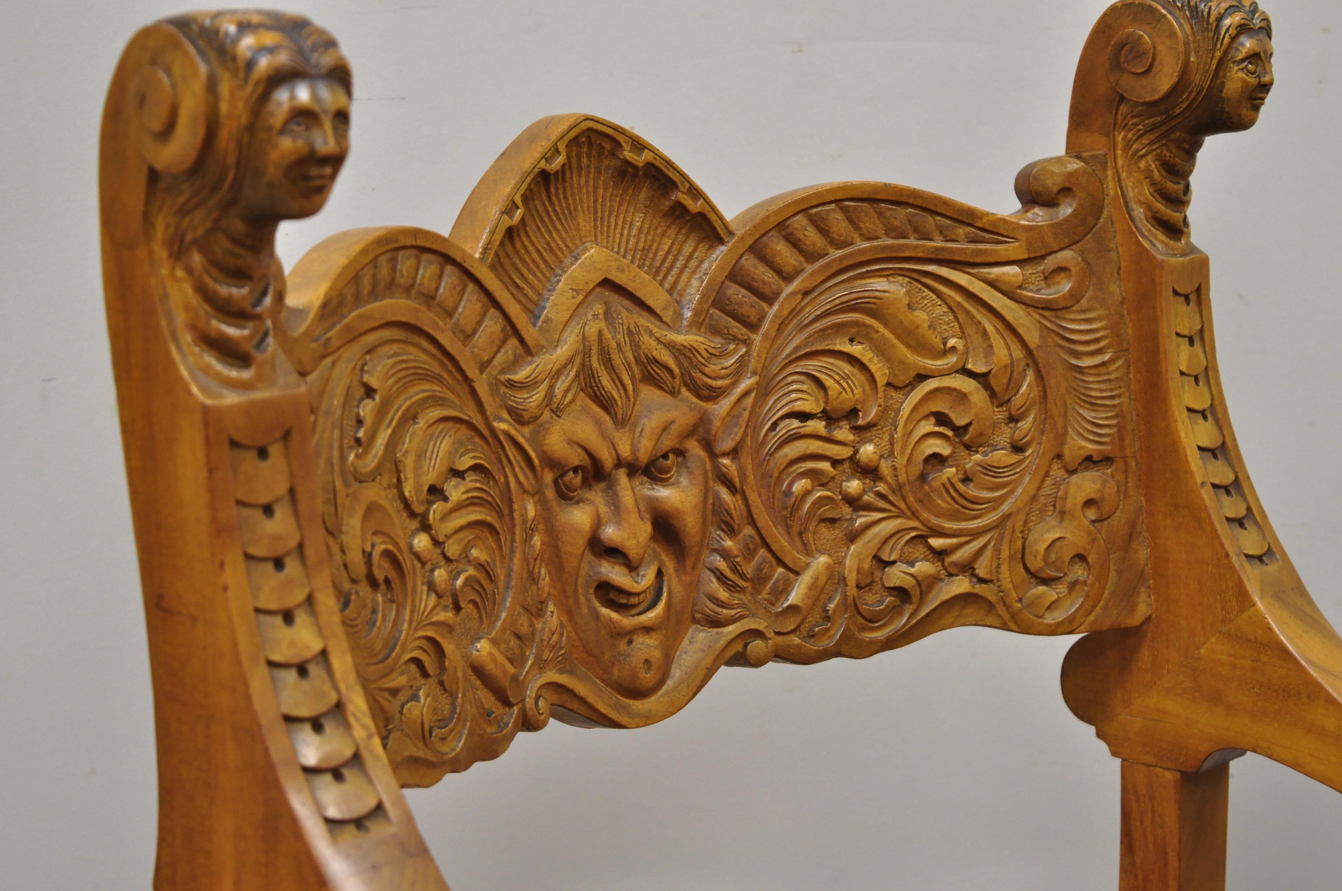 Antique Italian Renaissance Figural Carved Mahogany & Velvet Curule Throne Chair 4