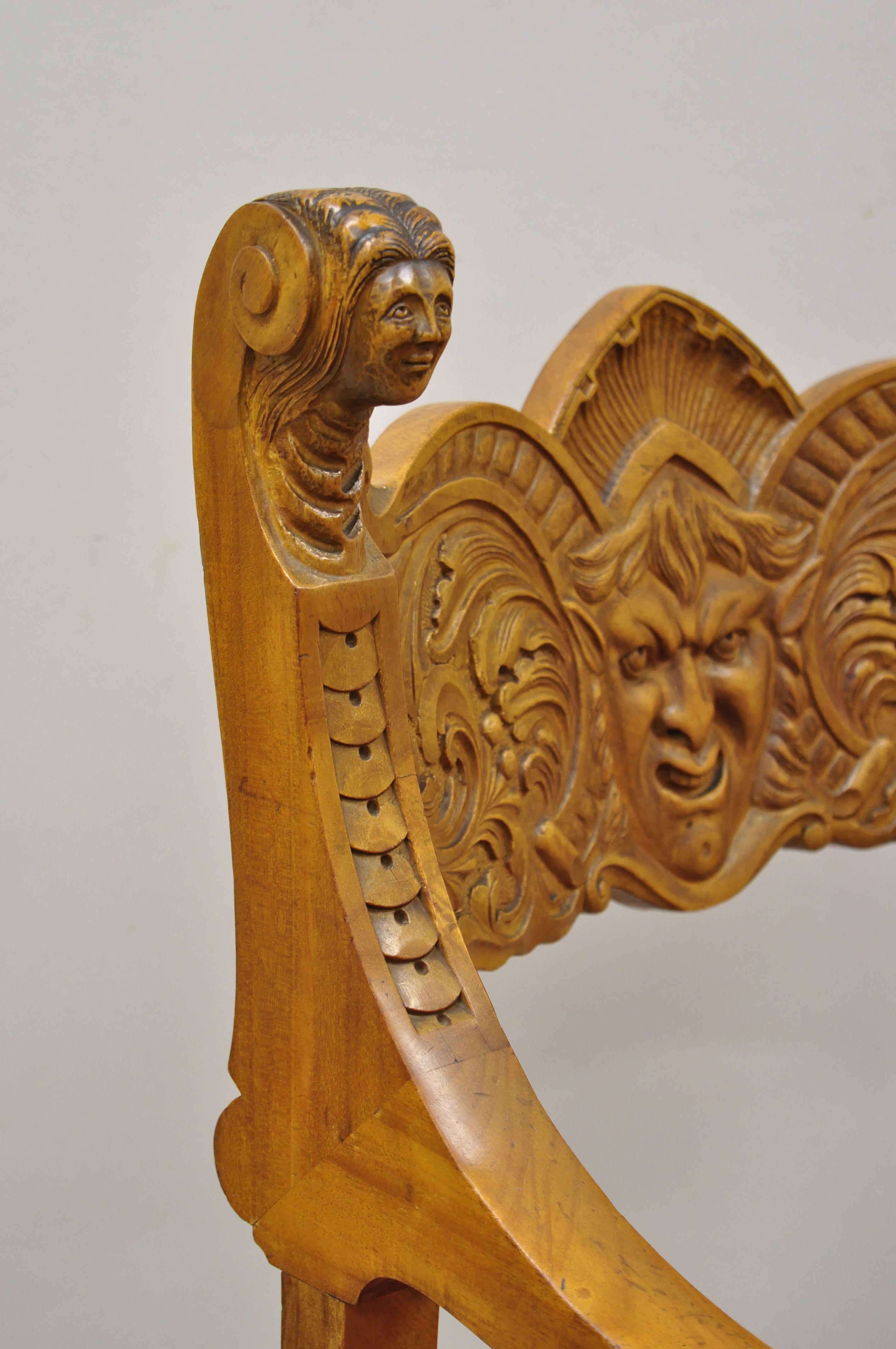 Antique Italian Renaissance Figural Carved Mahogany & Velvet Curule Throne Chair In Good Condition In Philadelphia, PA
