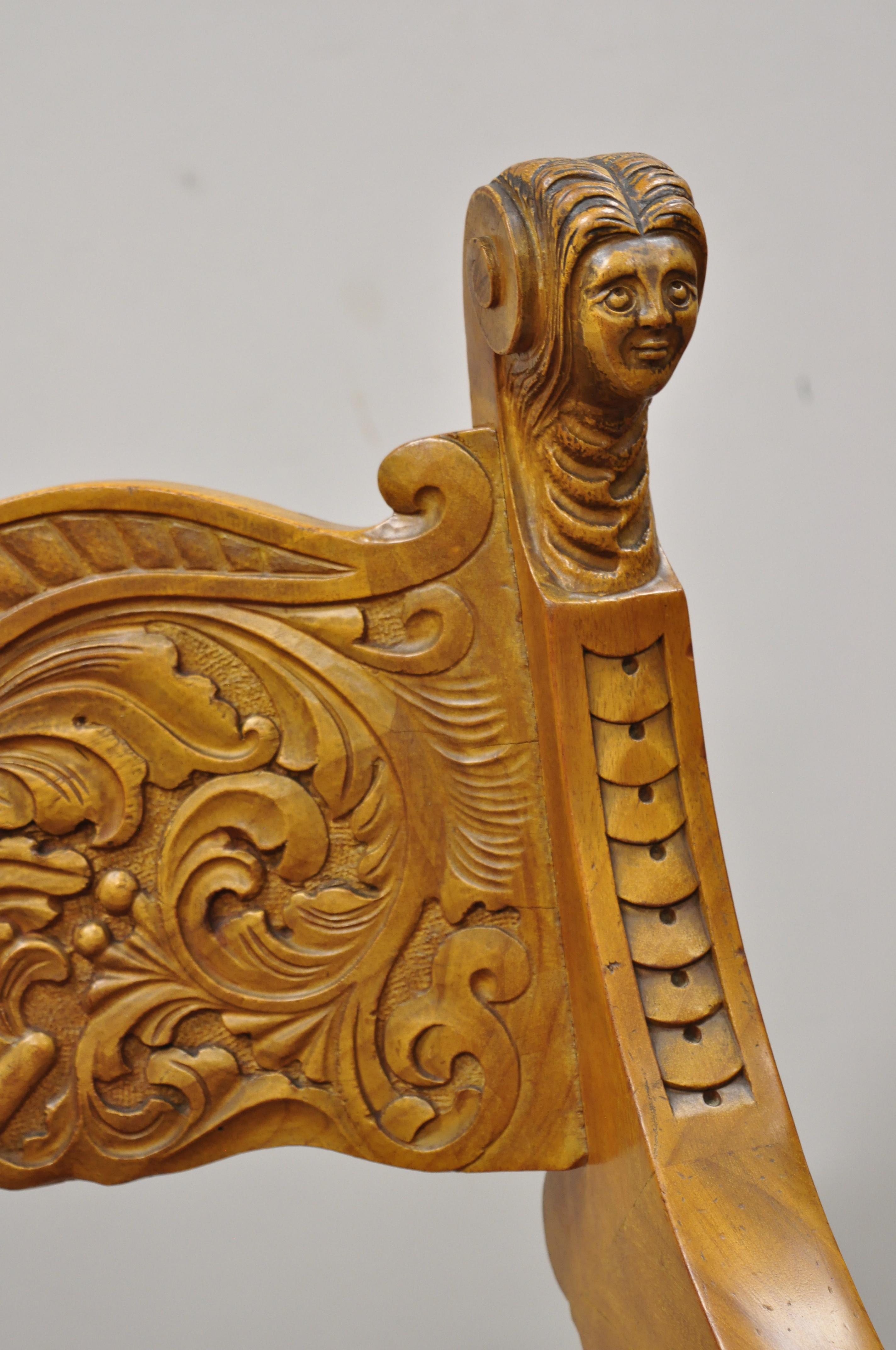 20th Century Antique Italian Renaissance Figural Carved Mahogany & Velvet Curule Throne Chair