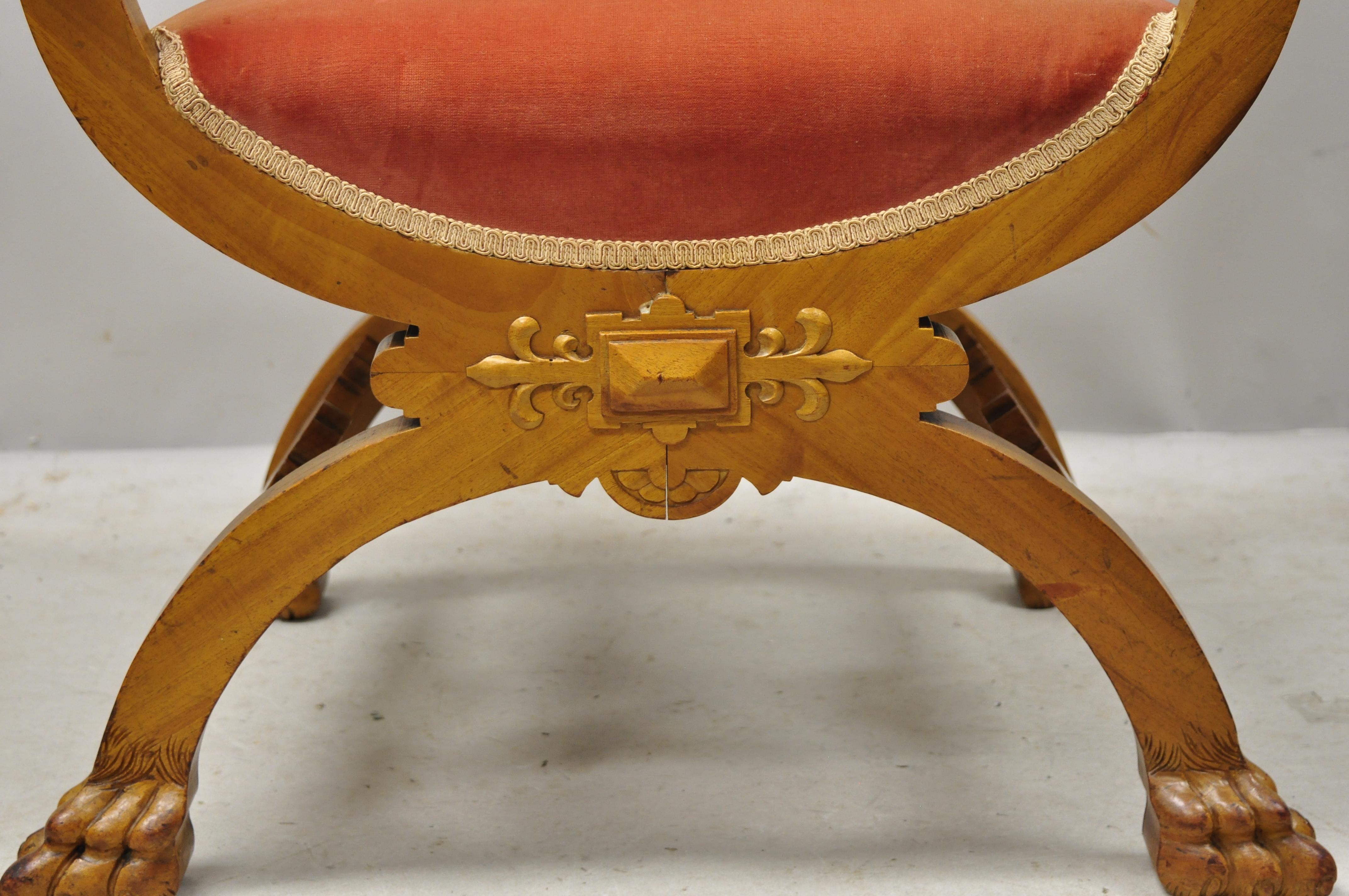 Antique Italian Renaissance Figural Carved Mahogany & Velvet Curule Throne Chair 1