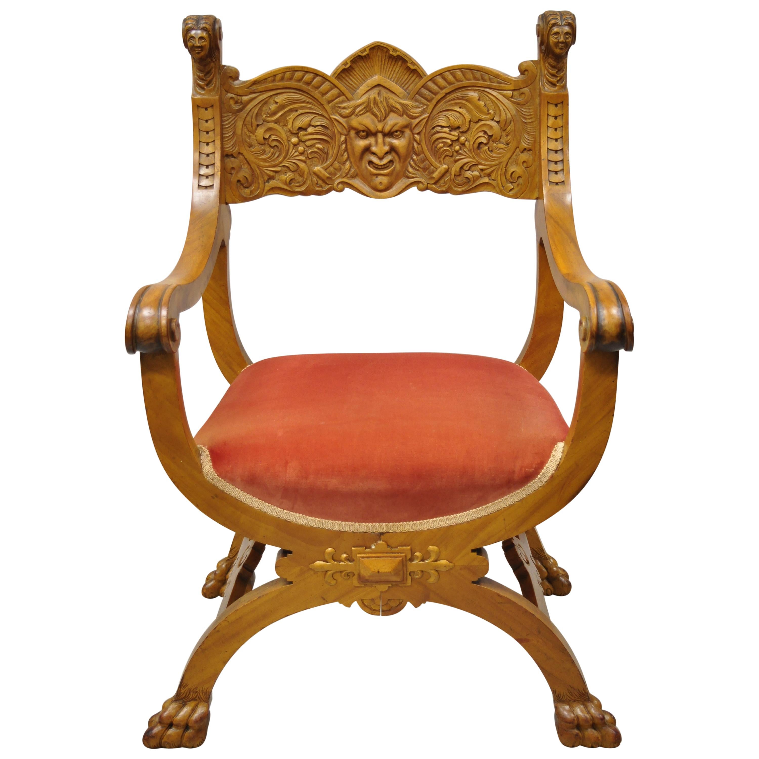 Antique Italian Renaissance Figural Carved Mahogany & Velvet Curule Throne Chair