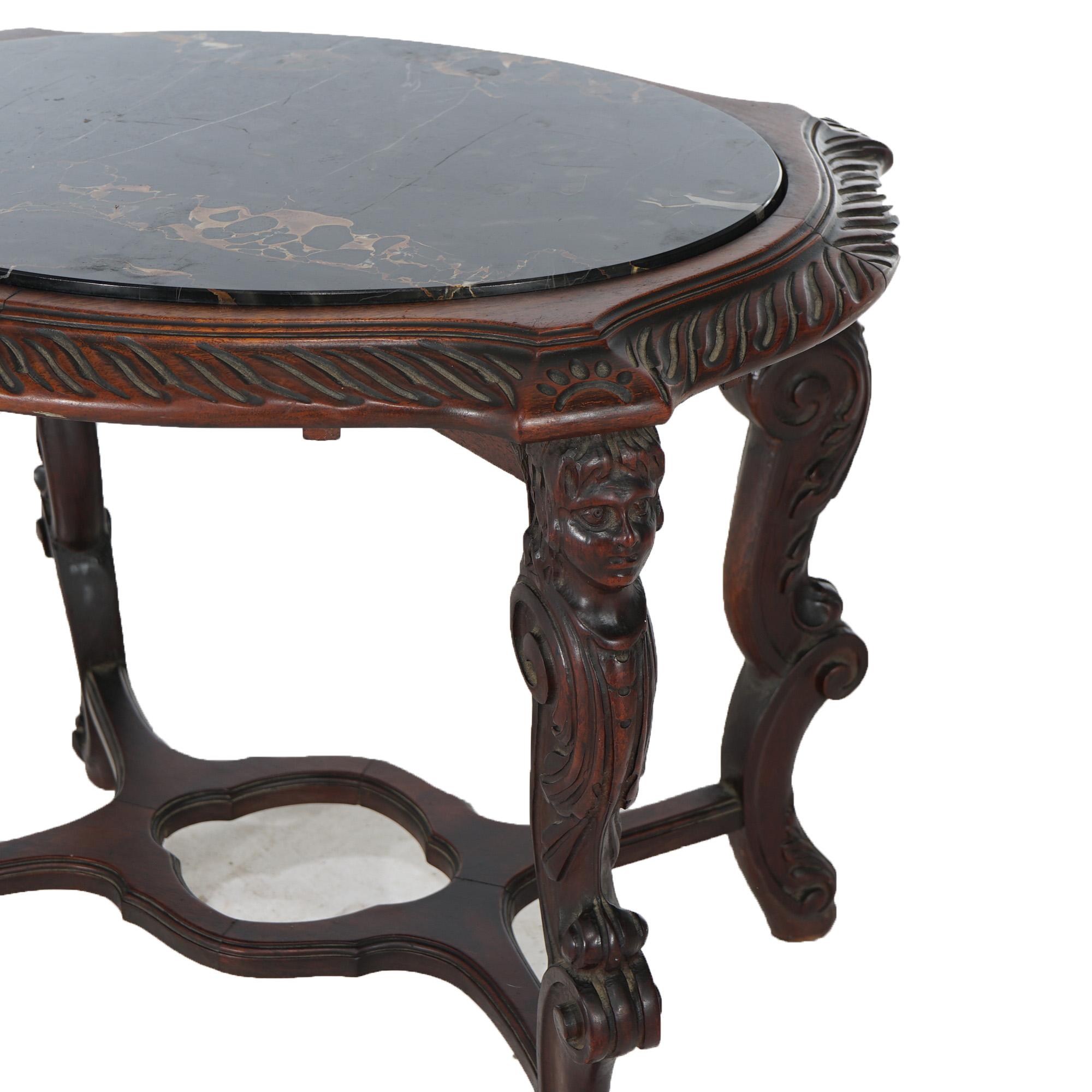 Antique Italian Renaissance Figural Carved Walnut & Marble Side Table c1910 6