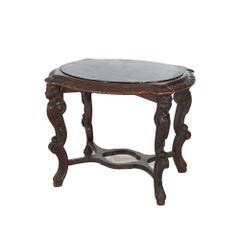 Antique Italian Renaissance Figural Carved Walnut & Marble Side Table c1910