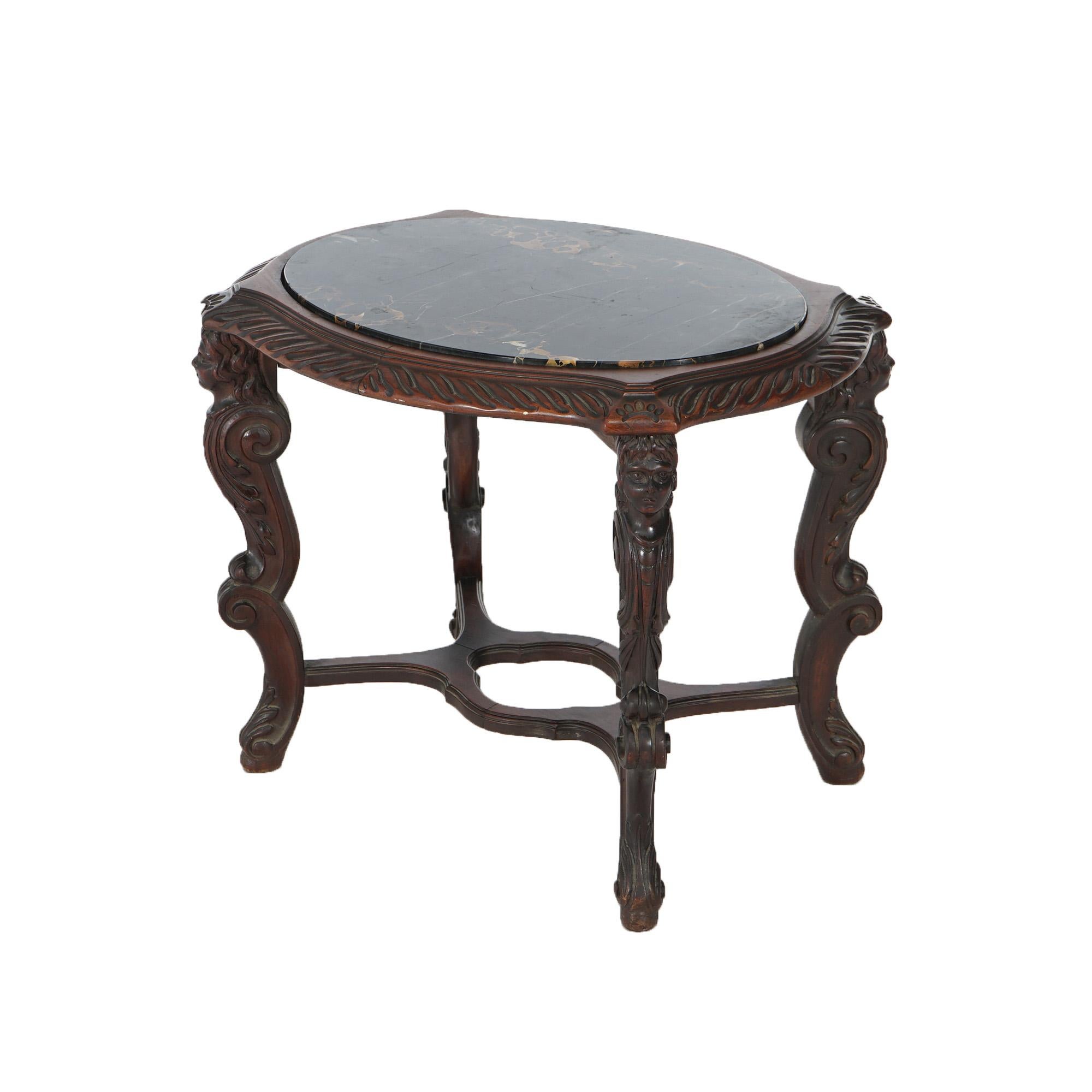 Antique Italian Renaissance Figural Carved Walnut & Marble Side Table c1910 In Good Condition In Big Flats, NY