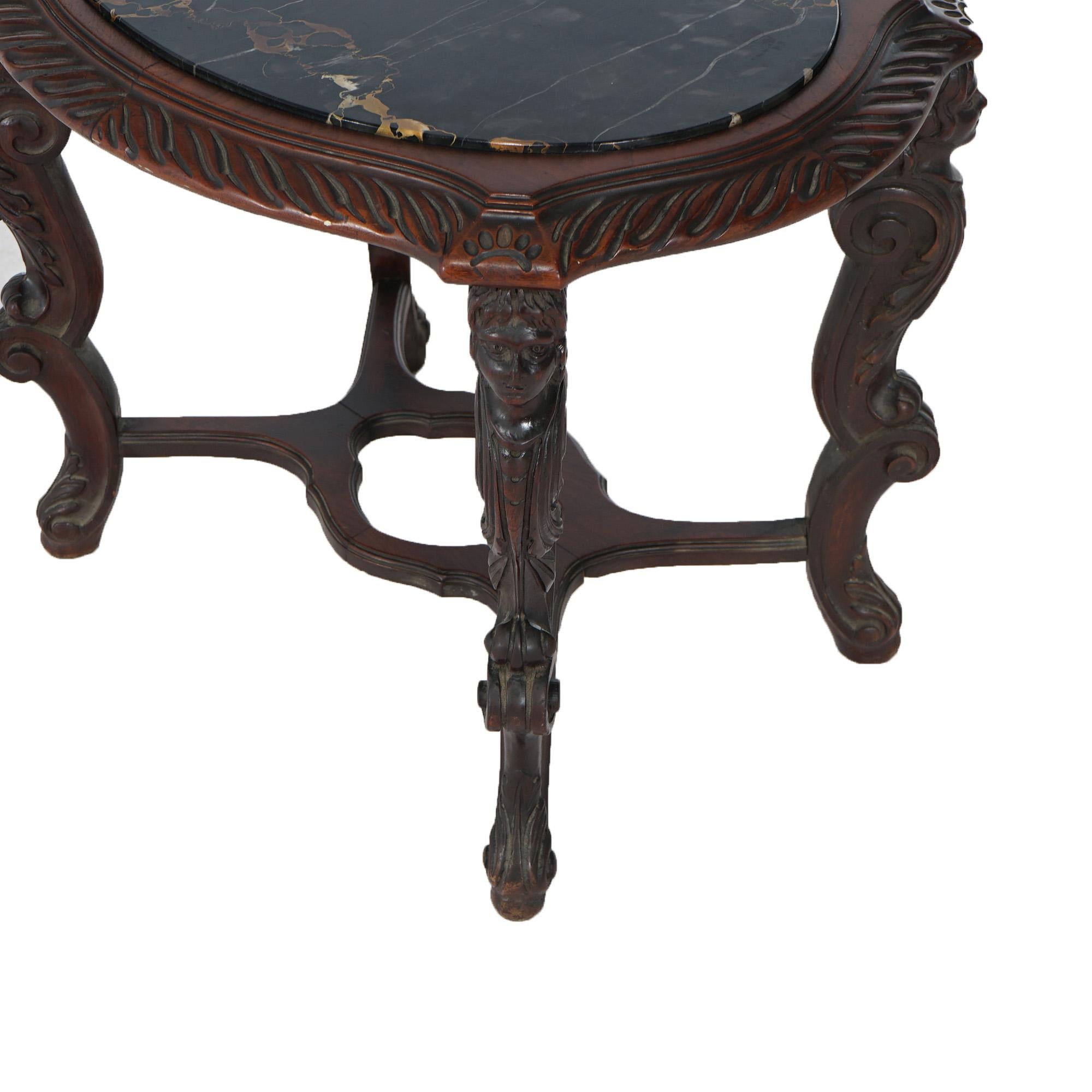 19th Century Antique Italian Renaissance Figural Carved Walnut & Marble Side Table c1910