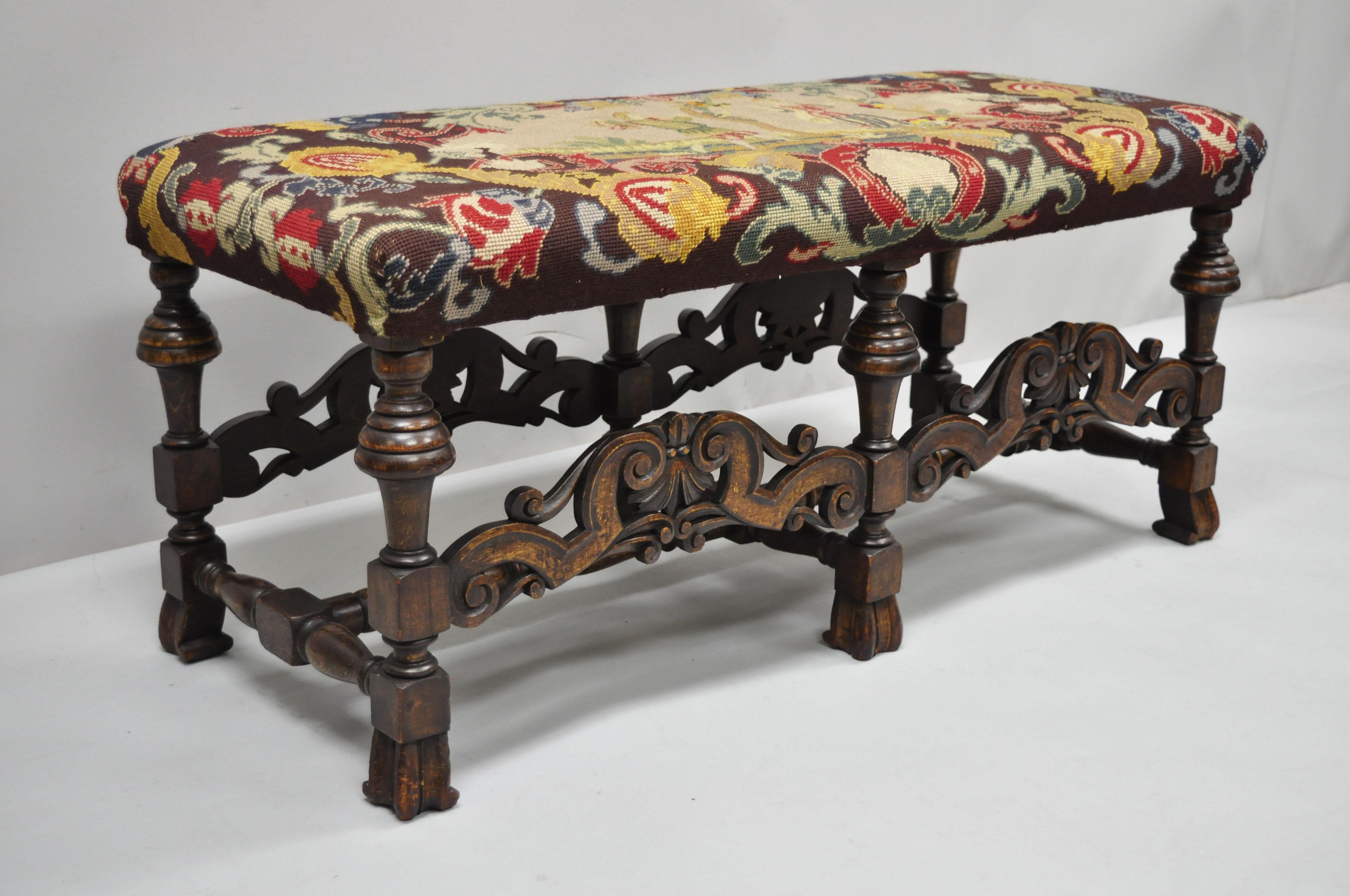 Antique Italian Renaissance French Baroque Carved Walnut Needlepoint Bench 6