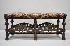 Antique Italian Renaissance French Baroque Carved Walnut Needlepoint Bench