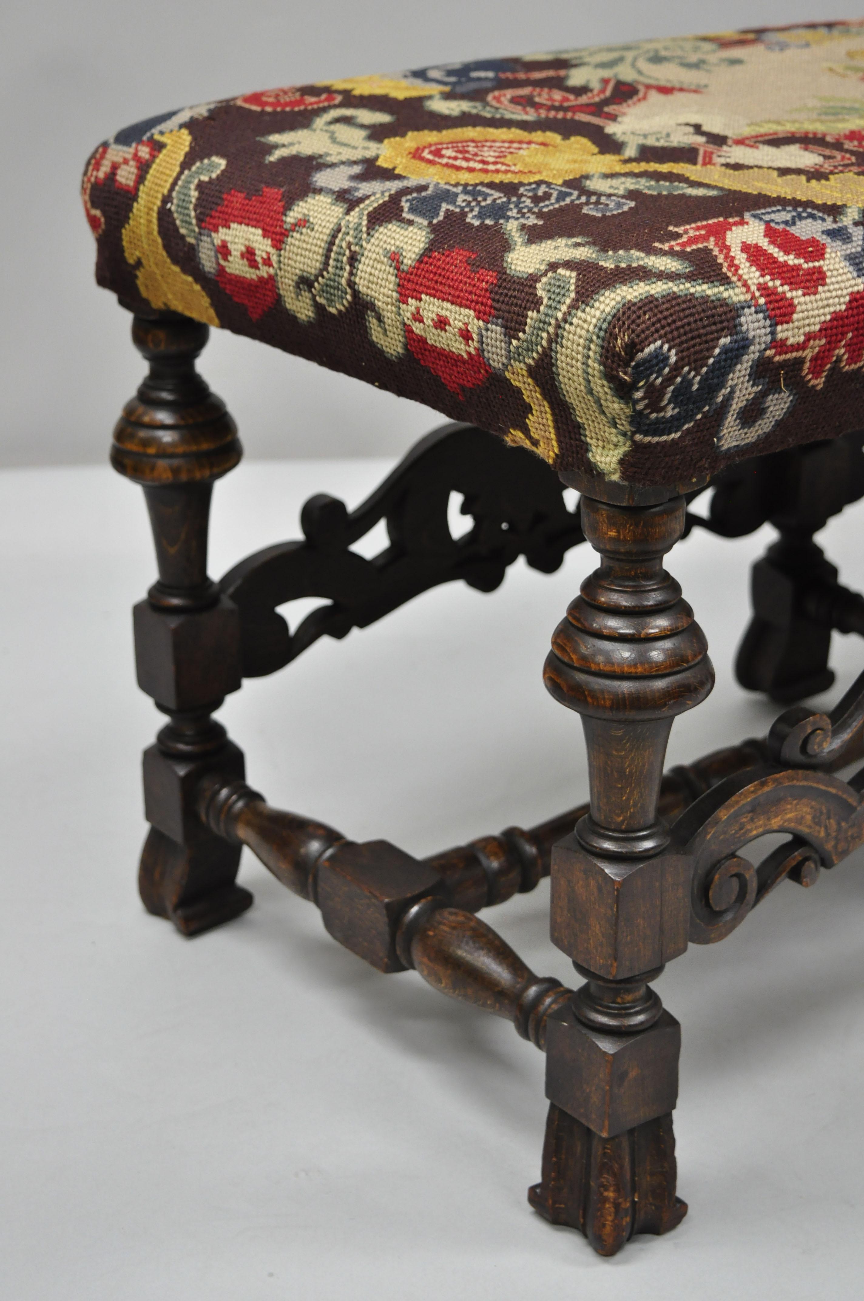 Antique Italian Renaissance French Baroque Carved Walnut Needlepoint Bench In Good Condition In Philadelphia, PA