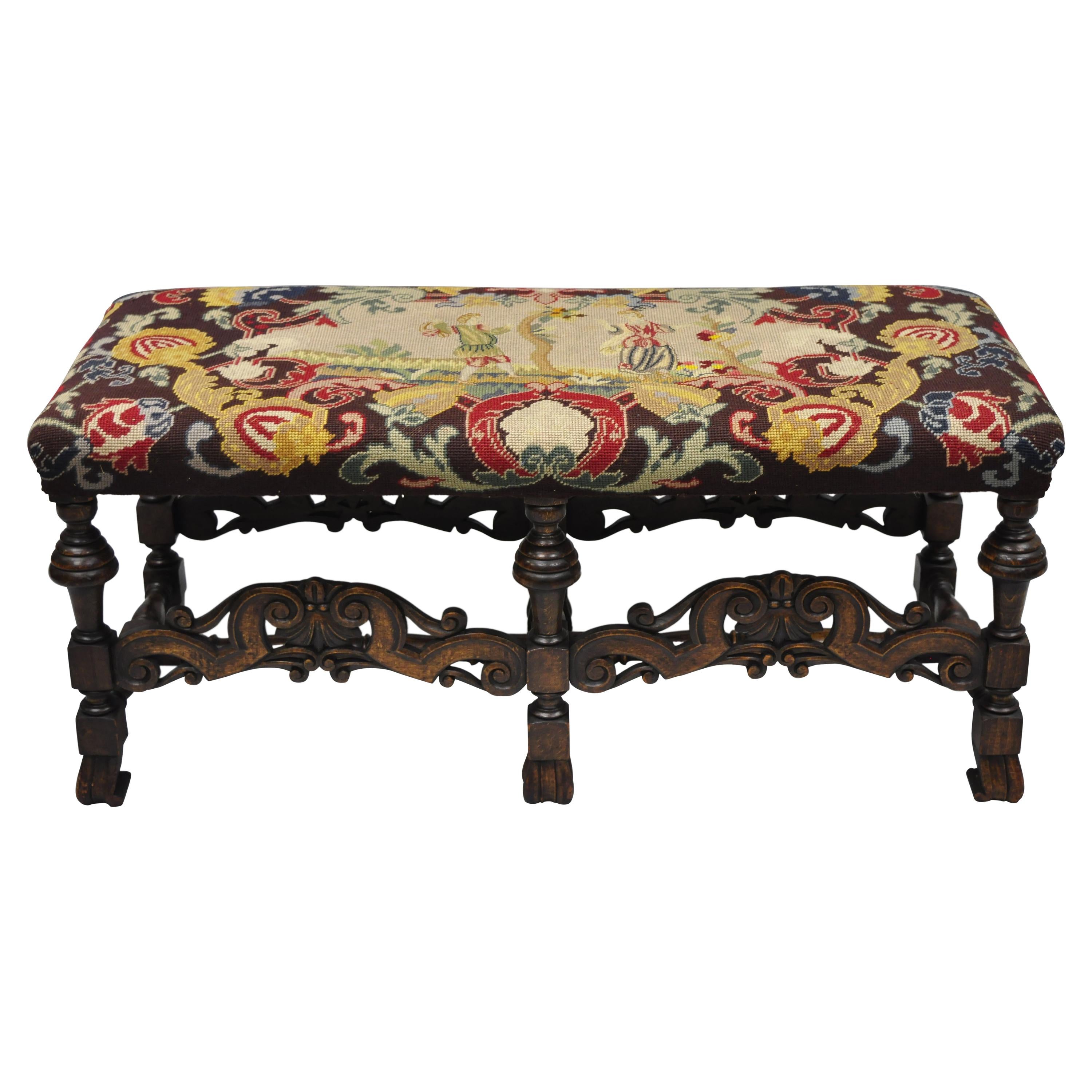 Antique Italian Renaissance French Baroque Carved Walnut Needlepoint Bench