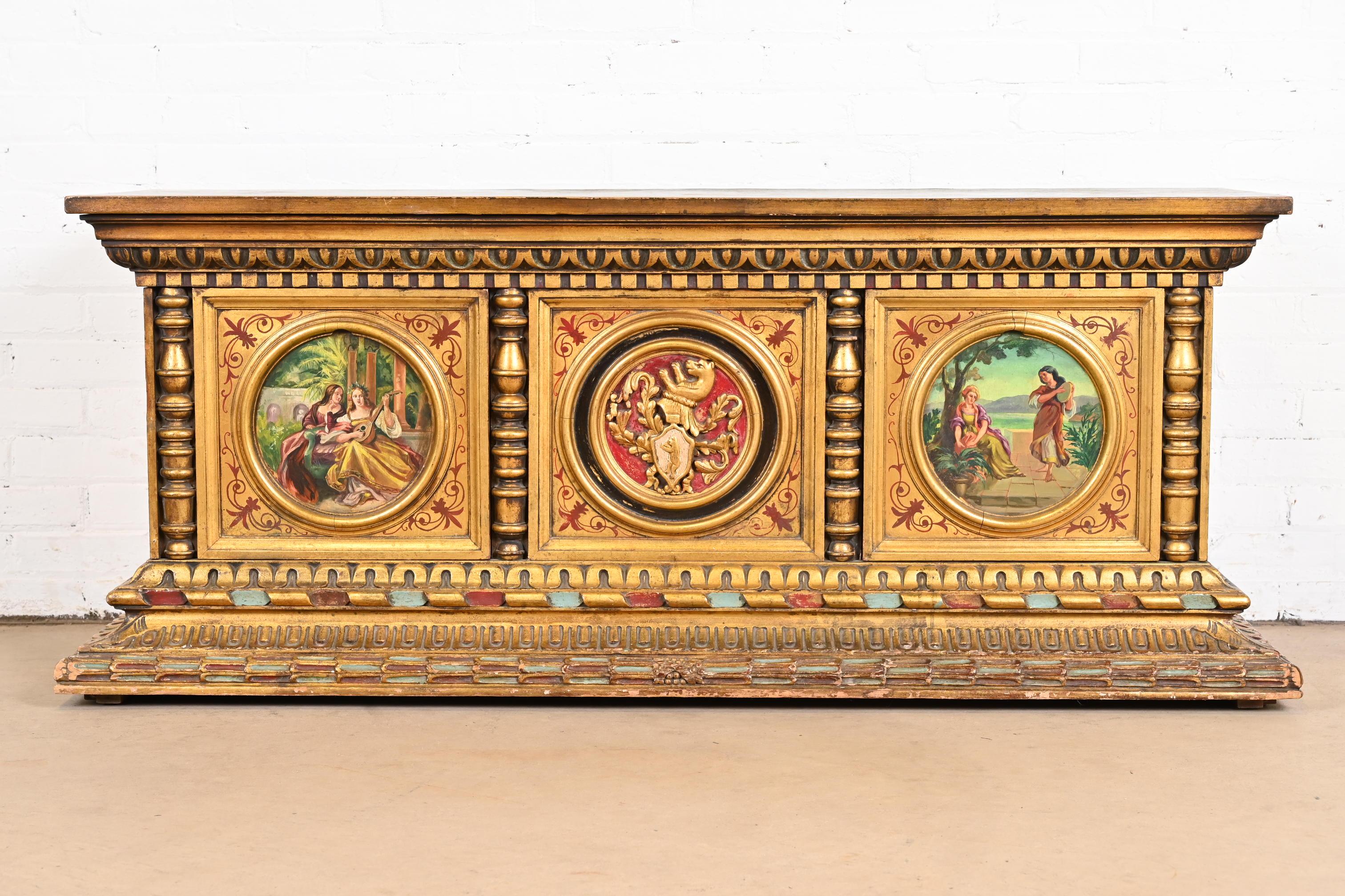 Renaissance Revival Antique Italian Renaissance Giltwood Hand Painted Cabinet or Credenza
