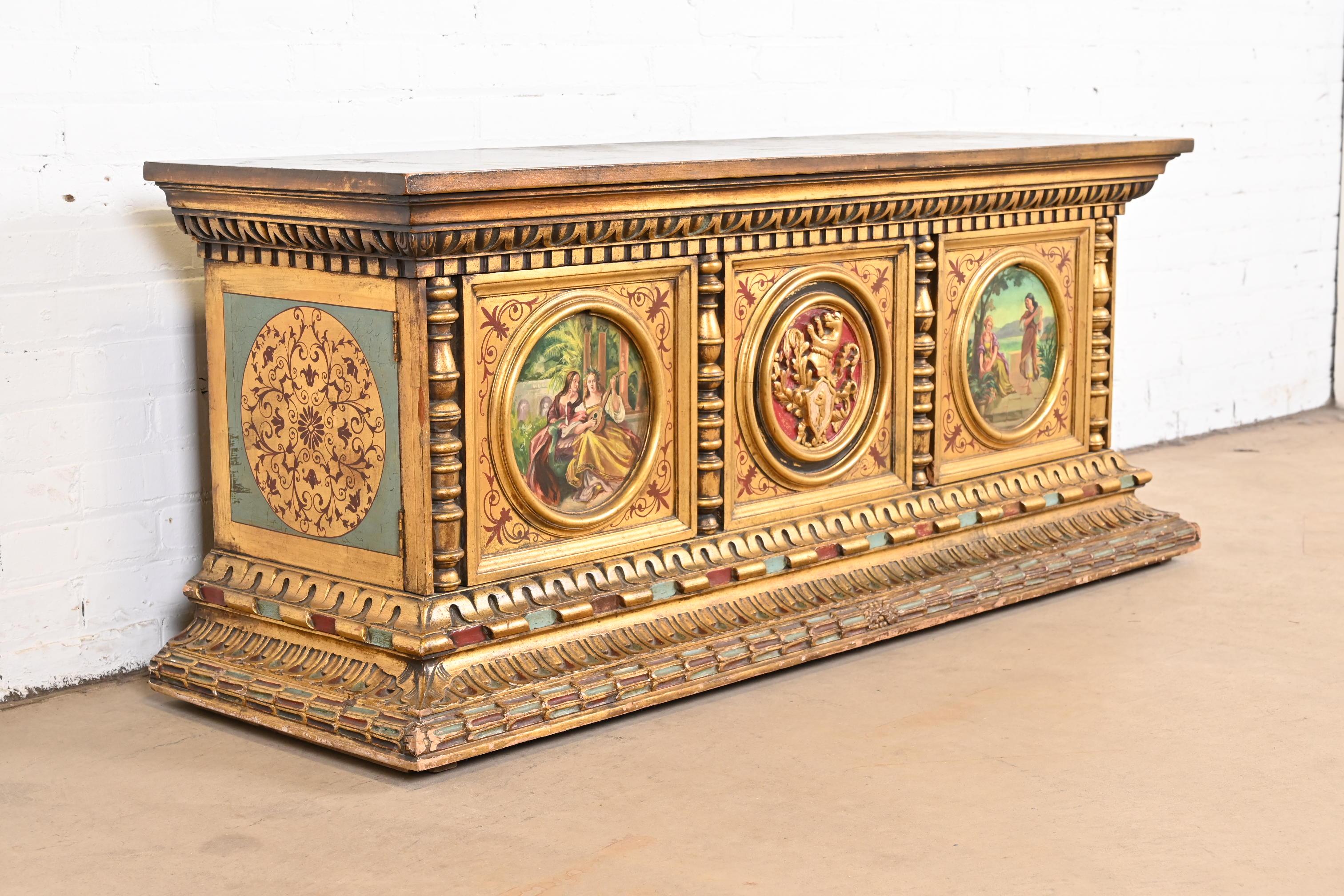 Antique Italian Renaissance Giltwood Hand Painted Cabinet or Credenza In Good Condition In South Bend, IN