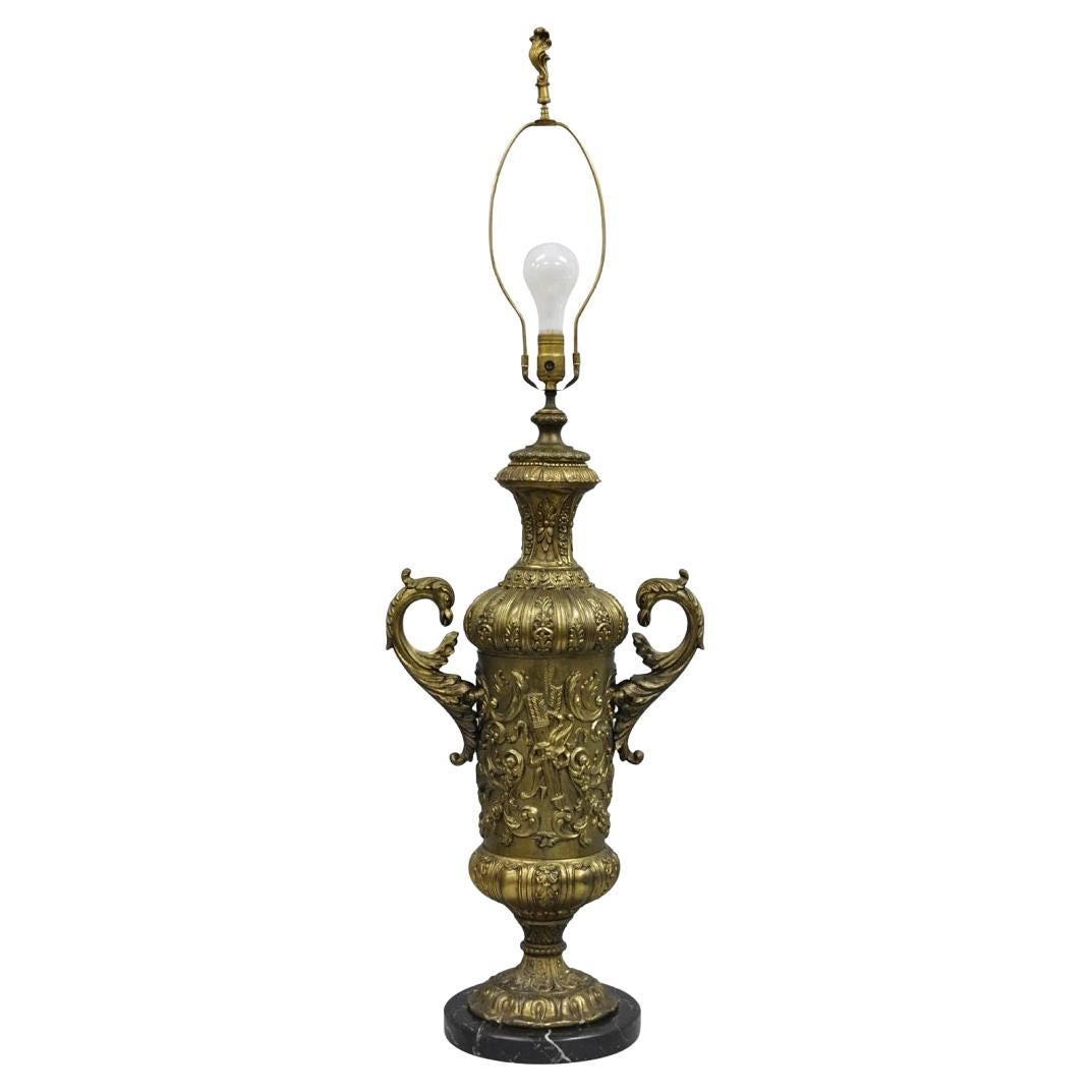 Antique Italian Renaissance Gold Bronze Figural Twin Handle Urn Large Table Lamp in vendita