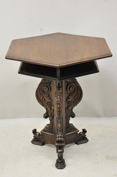 Antique Italian Renaissance Griffin Carved Walnut Pedestal Base Occasional Table