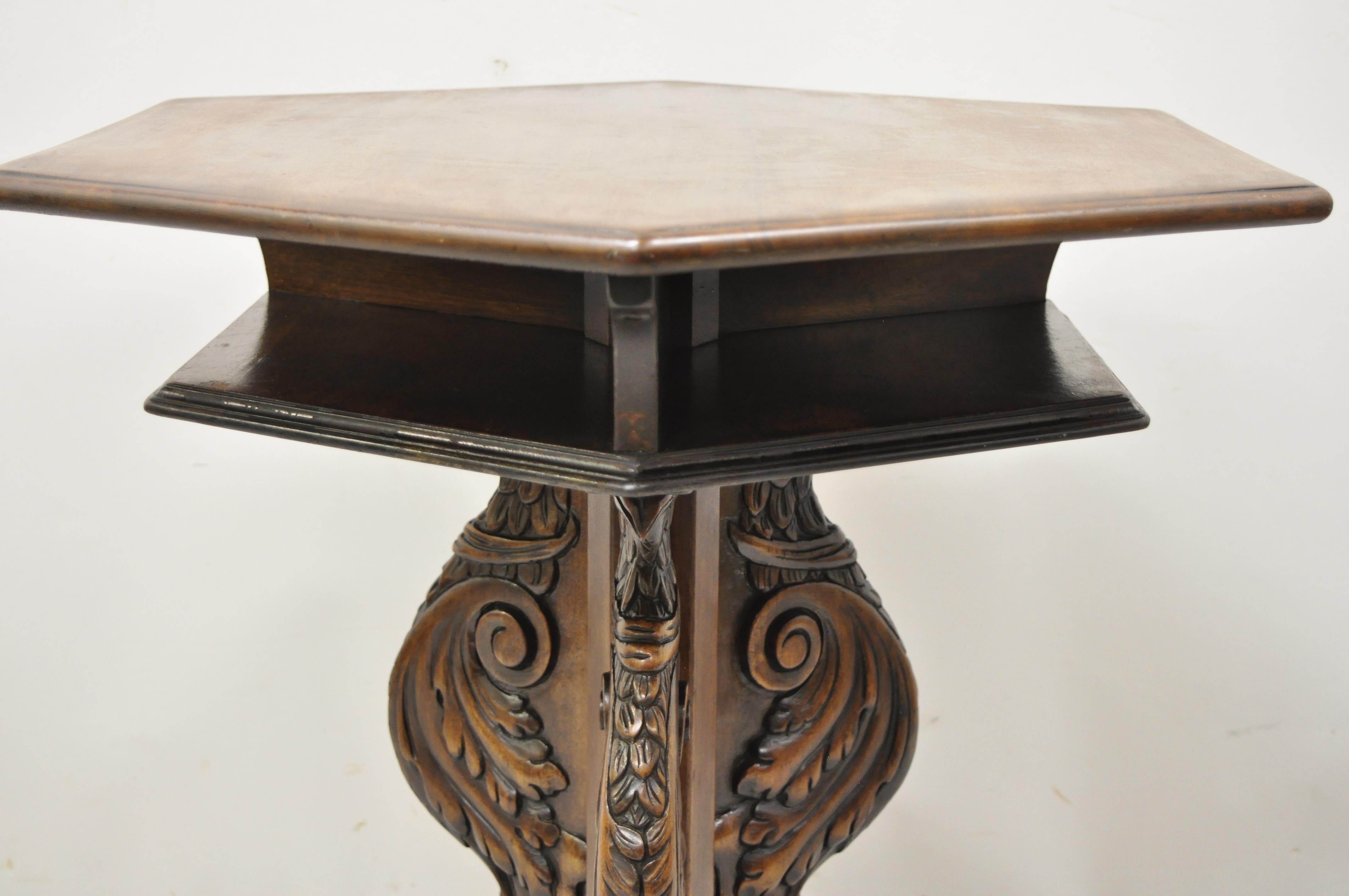 20th Century Antique Italian Renaissance Griffin Carved Walnut Pedestal Base Occasional Table