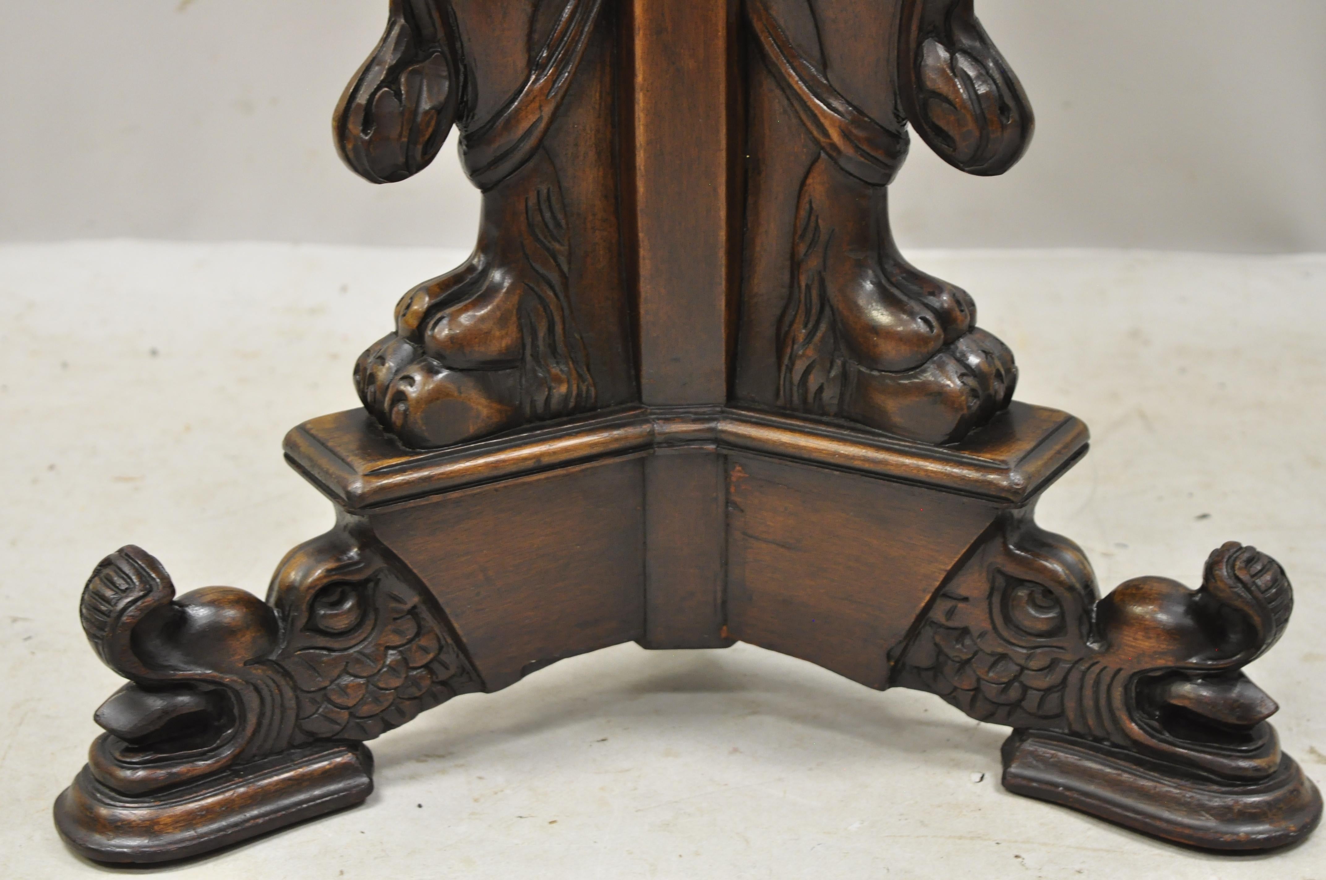 Antique Italian Renaissance Griffin Carved Walnut Pedestal Base Occasional Table 3