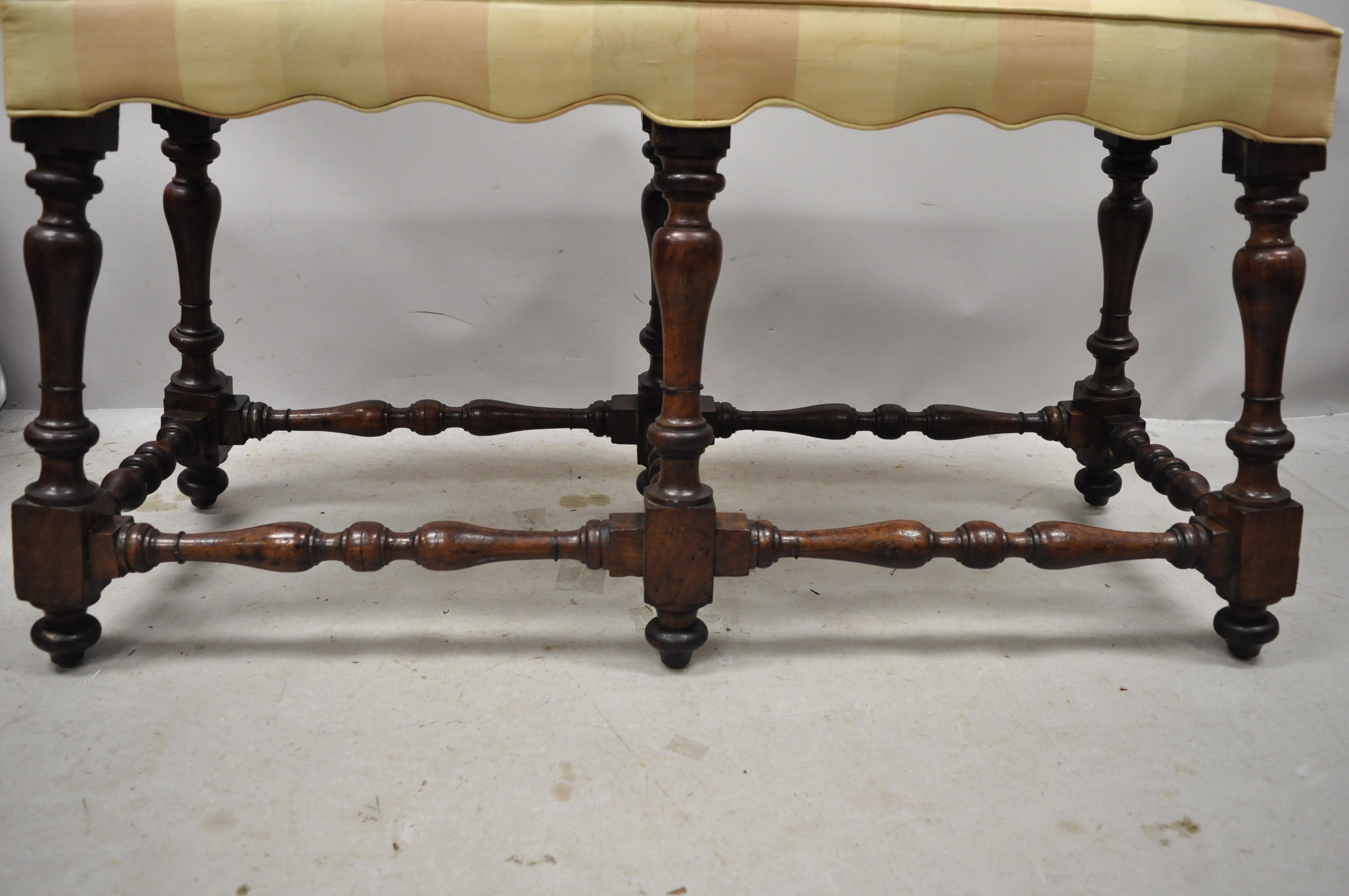 Antique Italian Renaissance Jacobean 6 Turn Carved Walnut Legs Upholstered Bench 6