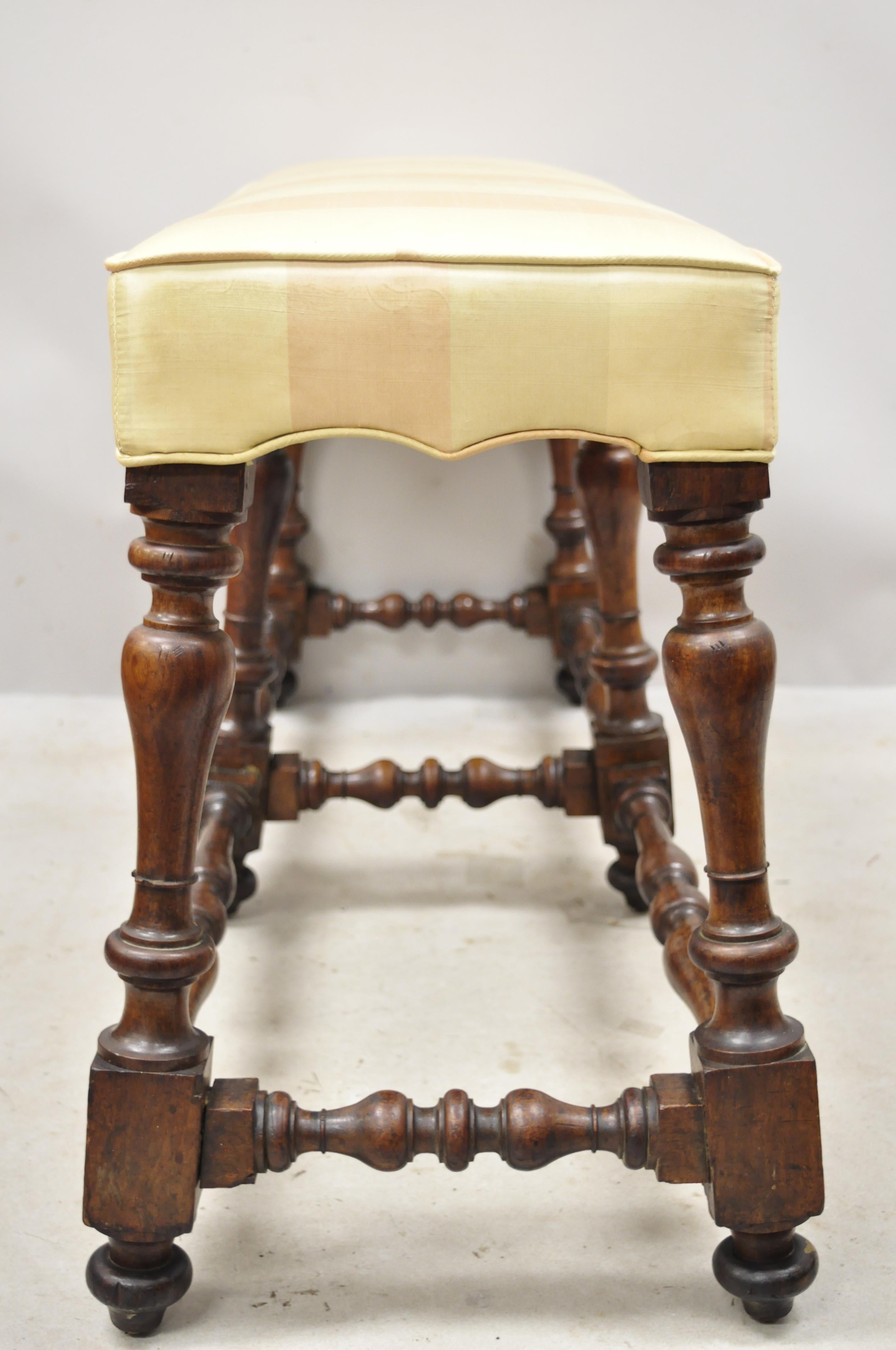 Antique Italian Renaissance Jacobean 6 Turn Carved Walnut Legs Upholstered Bench 8