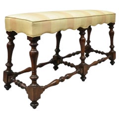 Antique Italian Renaissance Jacobean 6 Turn Carved Walnut Legs Upholstered Bench