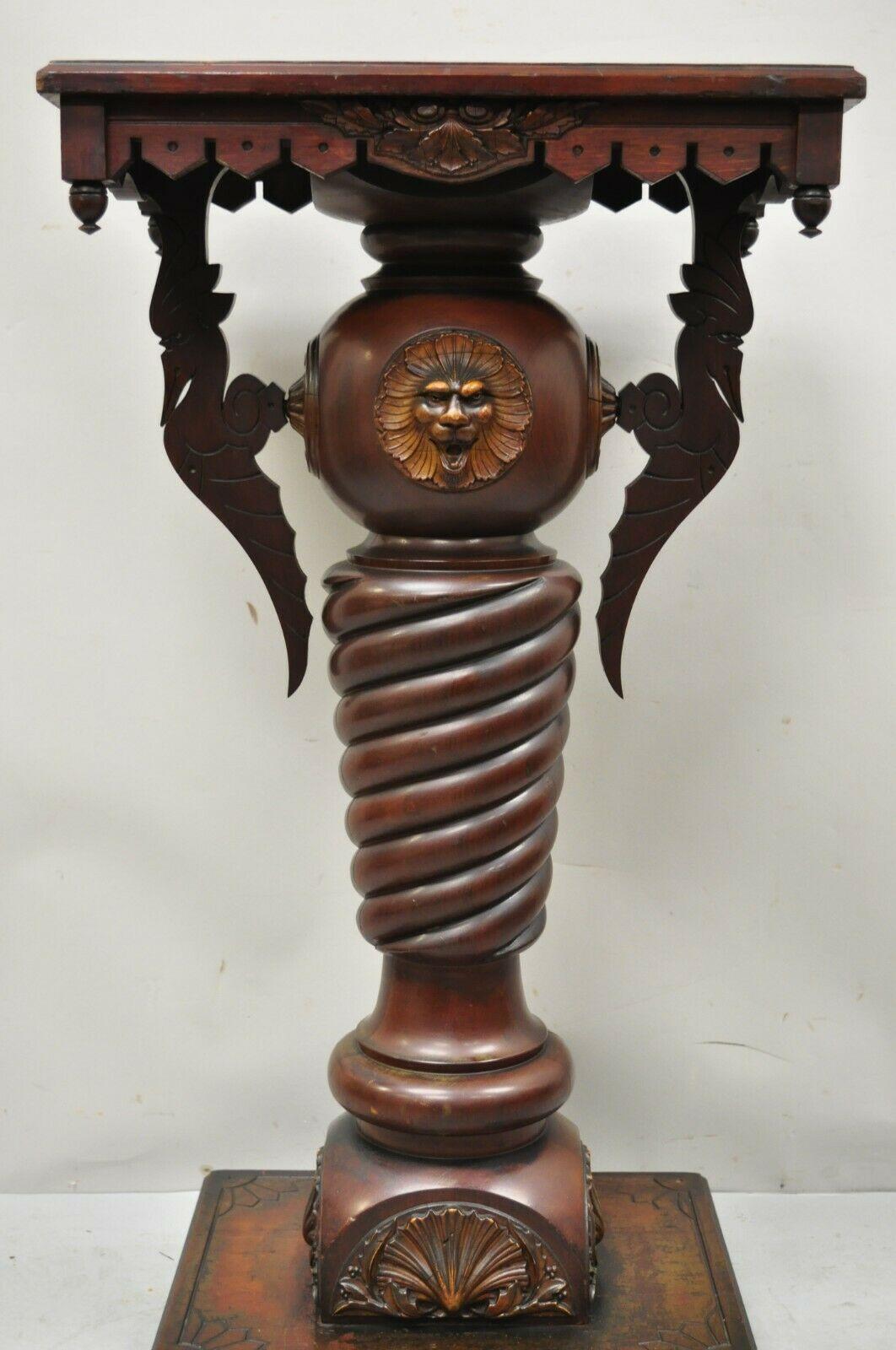 Antique Italian Renaissance Lion Bird Spiral Barley Walnut Plant Stand Pedestal 6