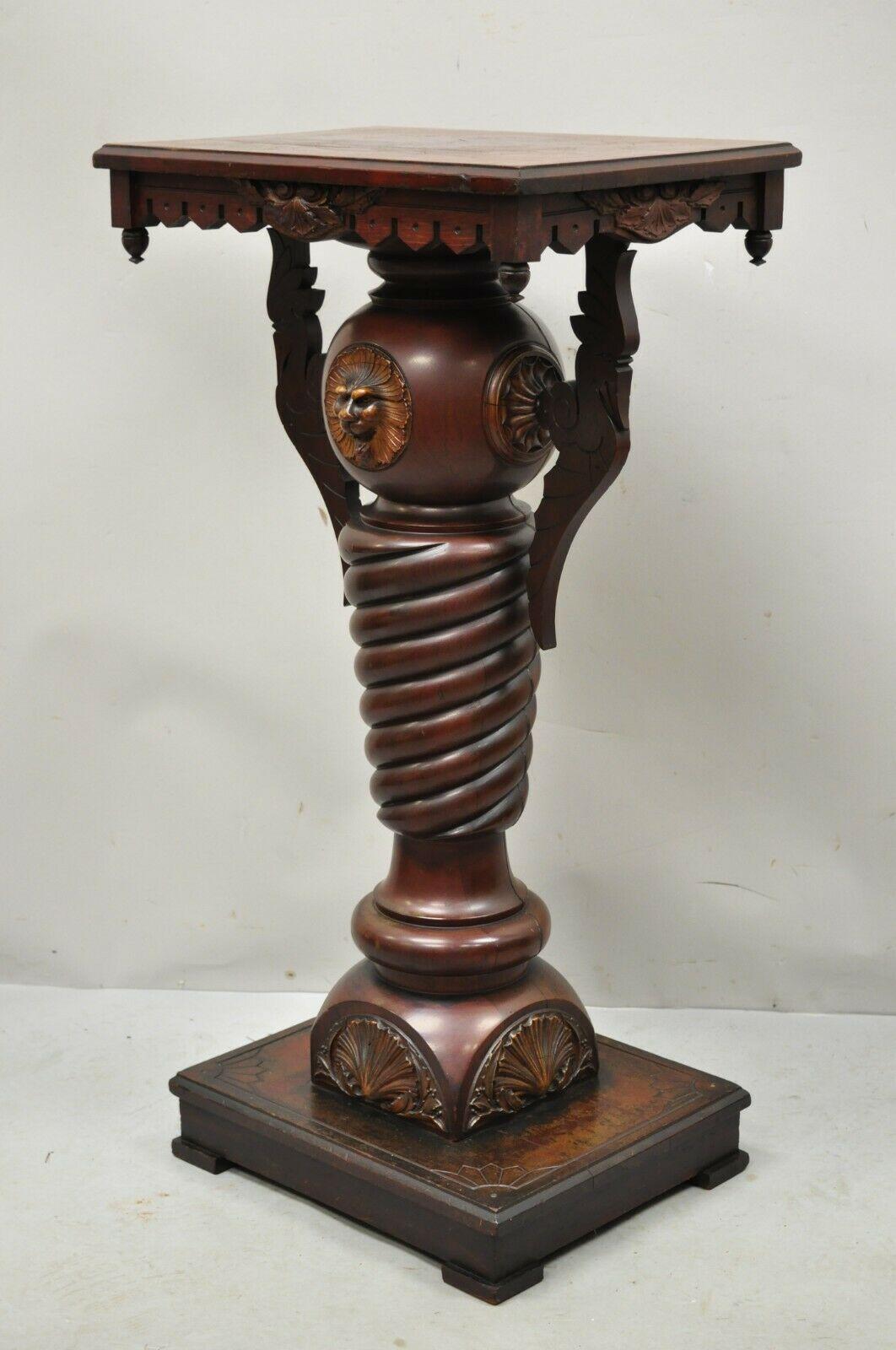 Antique Italian Renaissance lion bird spiral barley twist walnut plant stand pedestal. Item features lion head cravings, spiral barley twist column, bird carved 