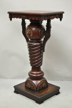 Antique Italian Renaissance Lion Bird Spiral Barley Walnut Plant Stand Pedestal