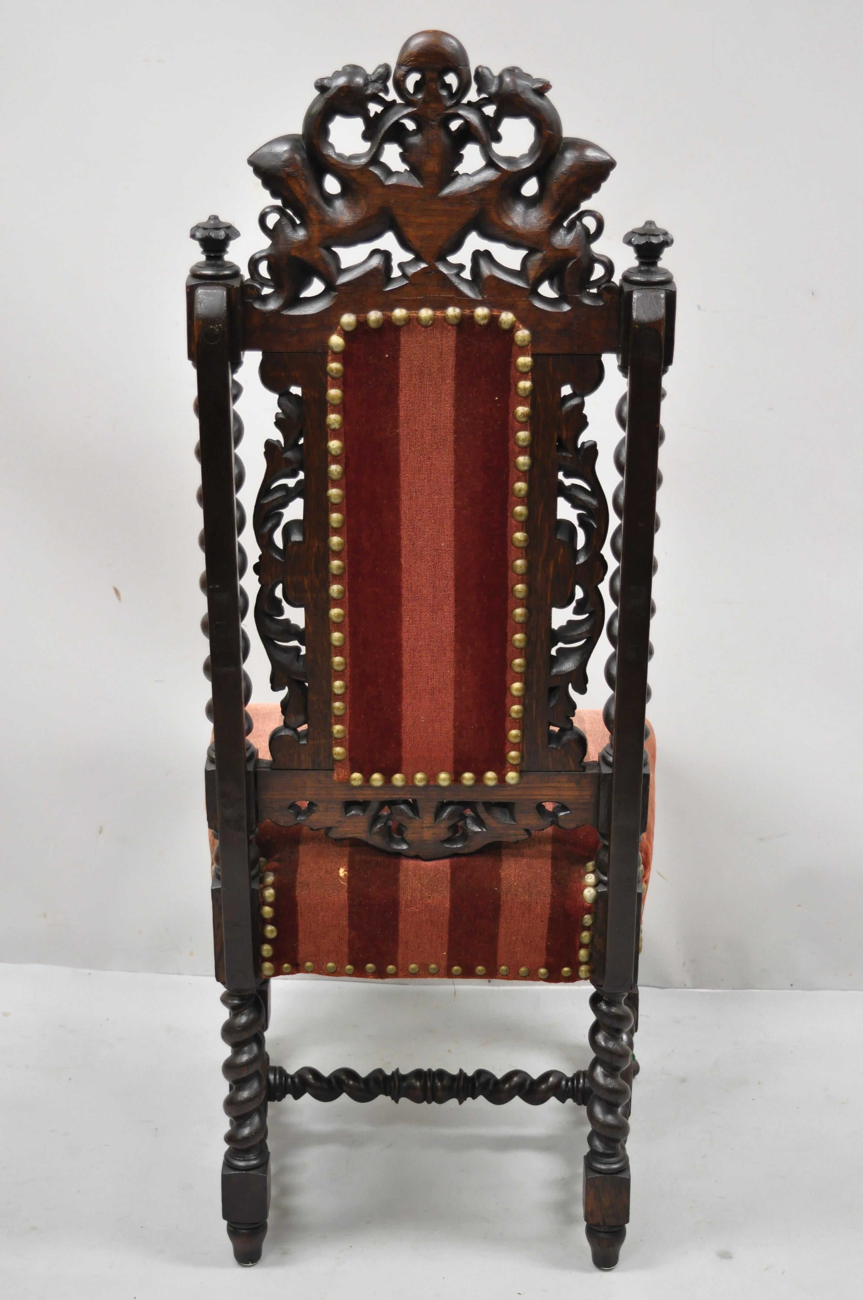 Antique Italian Renaissance Lion Dragon Winged Griffin Barley Twist Side Chair For Sale 5