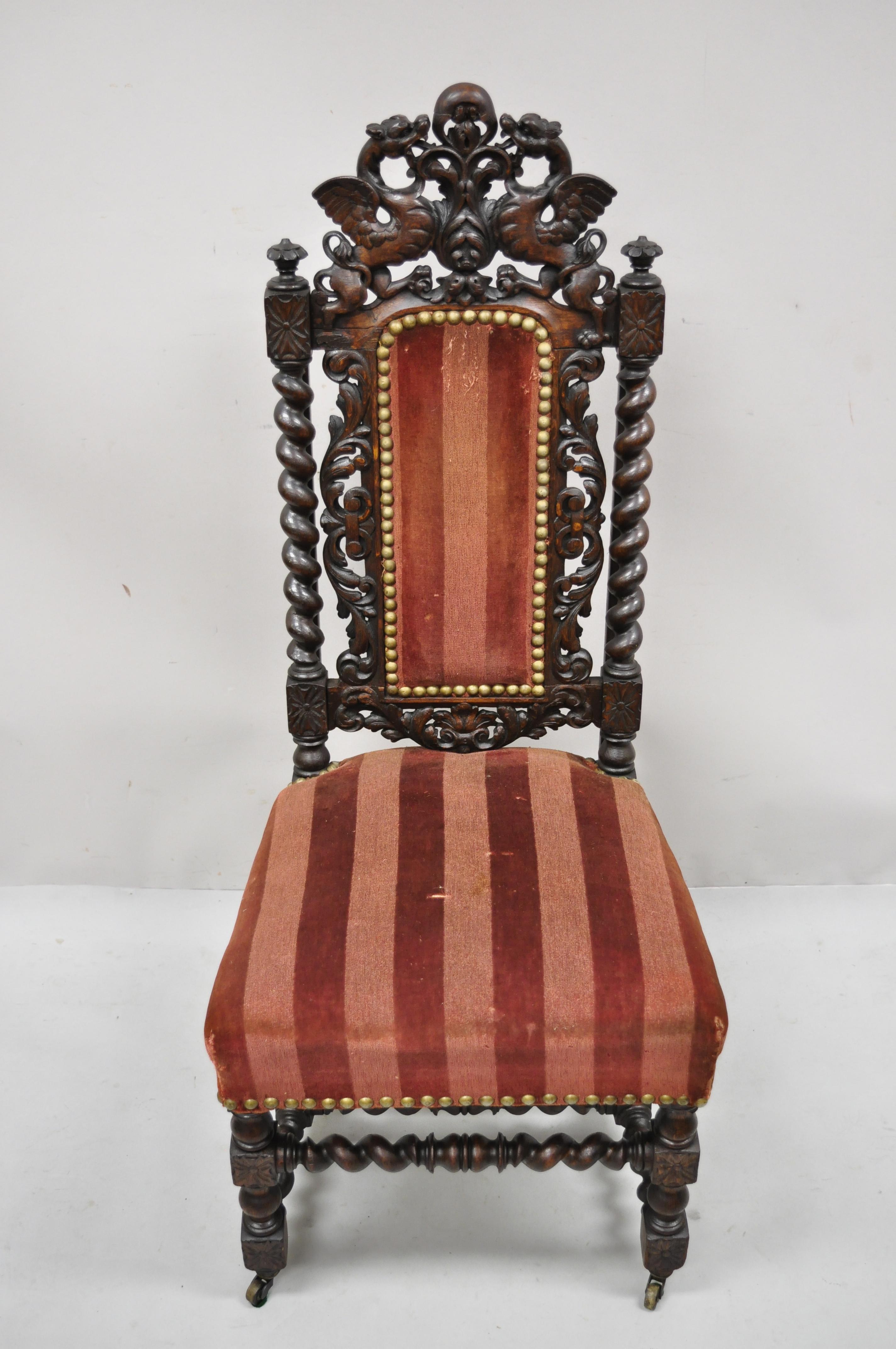 Antique Italian Renaissance Lion Dragon Winged Griffin Barley Twist Side Chair For Sale 7