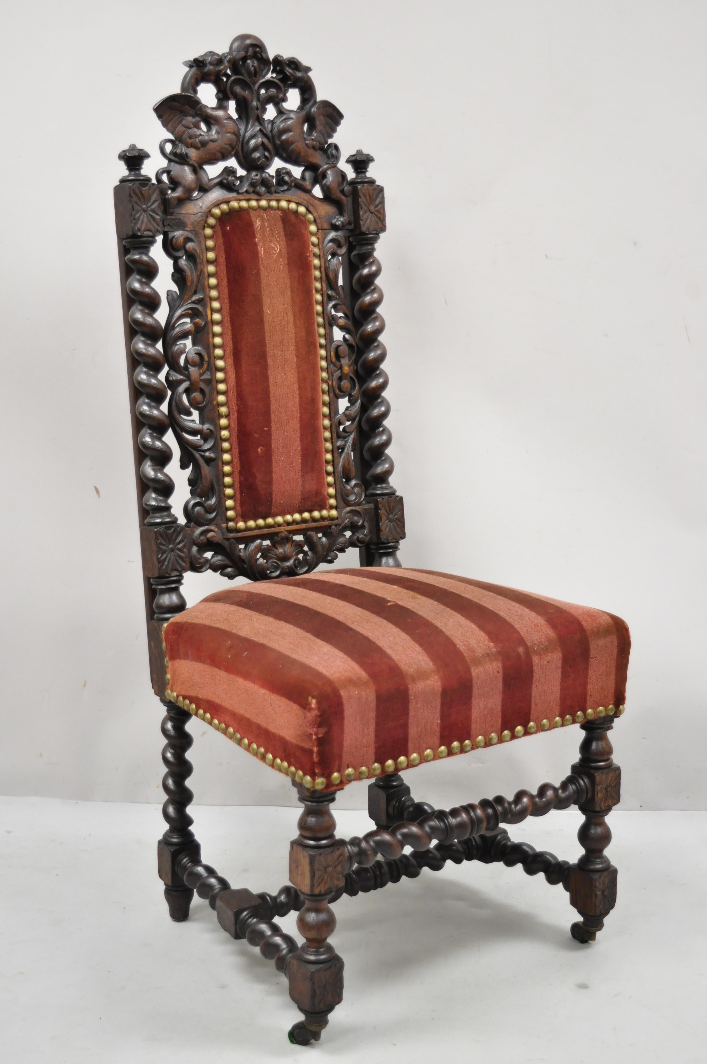 Antique Italian Renaissance lion dragon winged griffin carved barley twist side chair. Item features winged dragon griffin carved backrest, barley twist spiral carved supports, solid wood frame, beautiful wood grain, Circa 19th century.