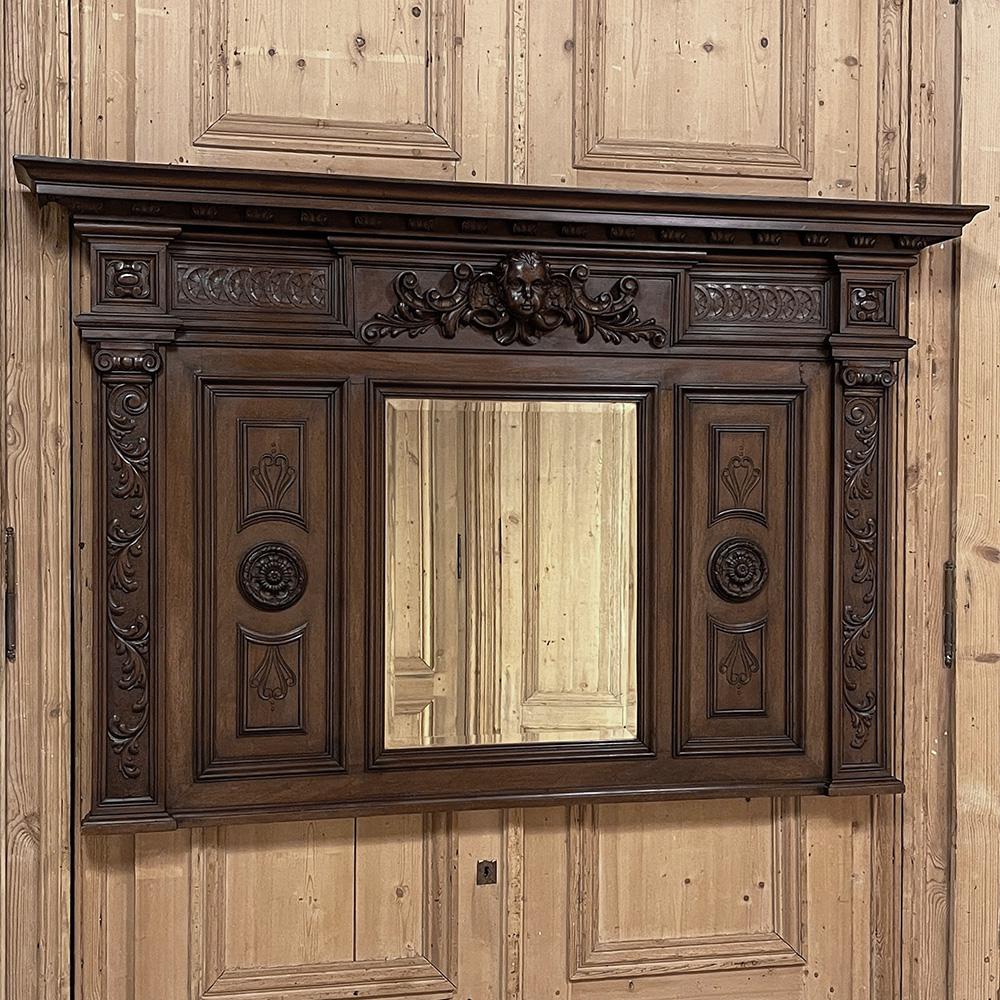 Antique Italian Renaissance Mantel Mirror in Walnut will make a magnificent addition to your room, combining a masculine Old World look with the sheer natural beauty of European walnut, plus providing a reflection of your room all in one!  The bold