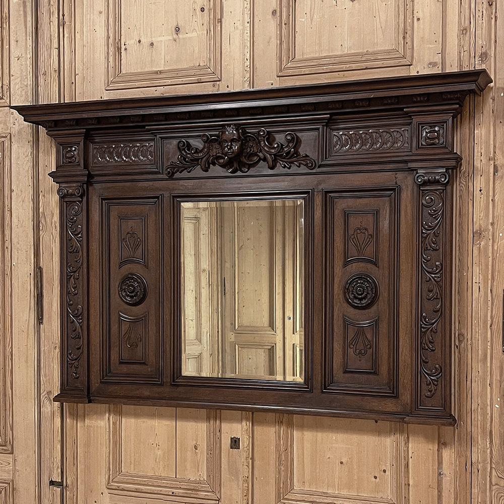 Beveled Antique Italian Renaissance Mantel Mirror in Walnut For Sale