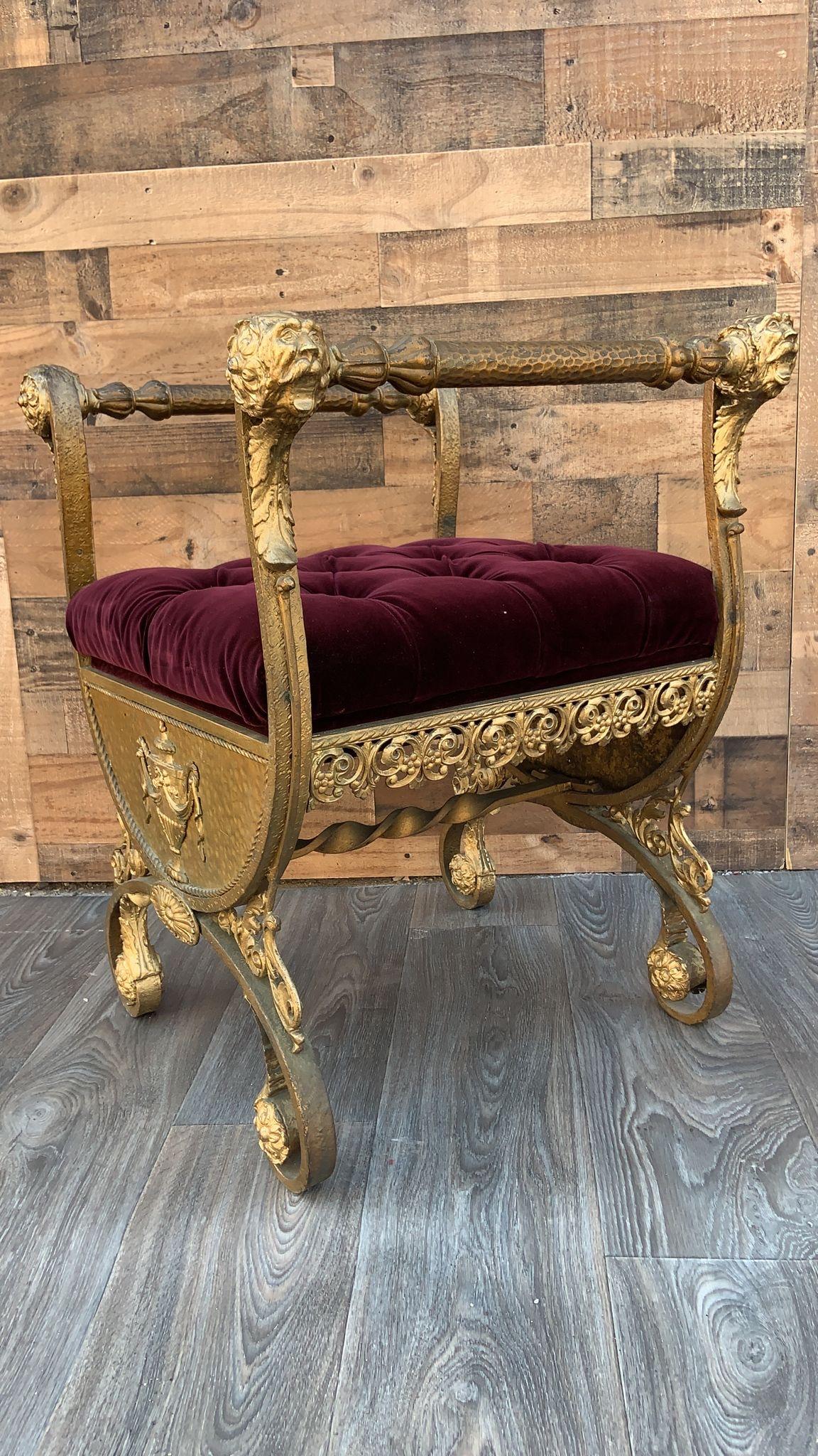 Antique Italian Renaissance Ornate Gild Scrolled Iron Vanity Bench Newly Upholstered in Deep-Maroon Tufted Velvet

Super heavy and unique piece to add to your bathroom, closet or make up vanity. 

Circa 1870

H 29