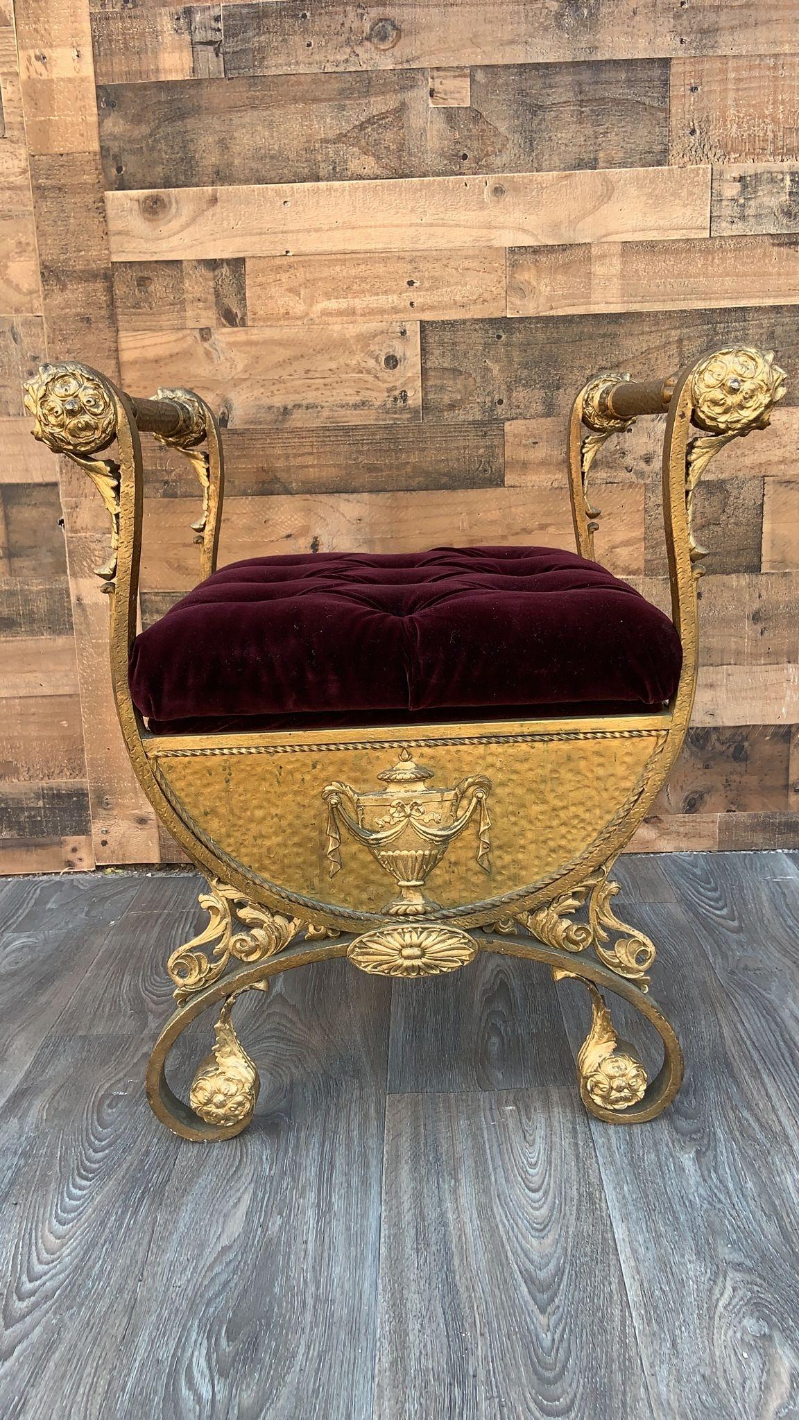 Antique Italian Renaissance Ornate Scrolled Iron Vanity Bench Newly Upholstered  In Good Condition For Sale In Chicago, IL