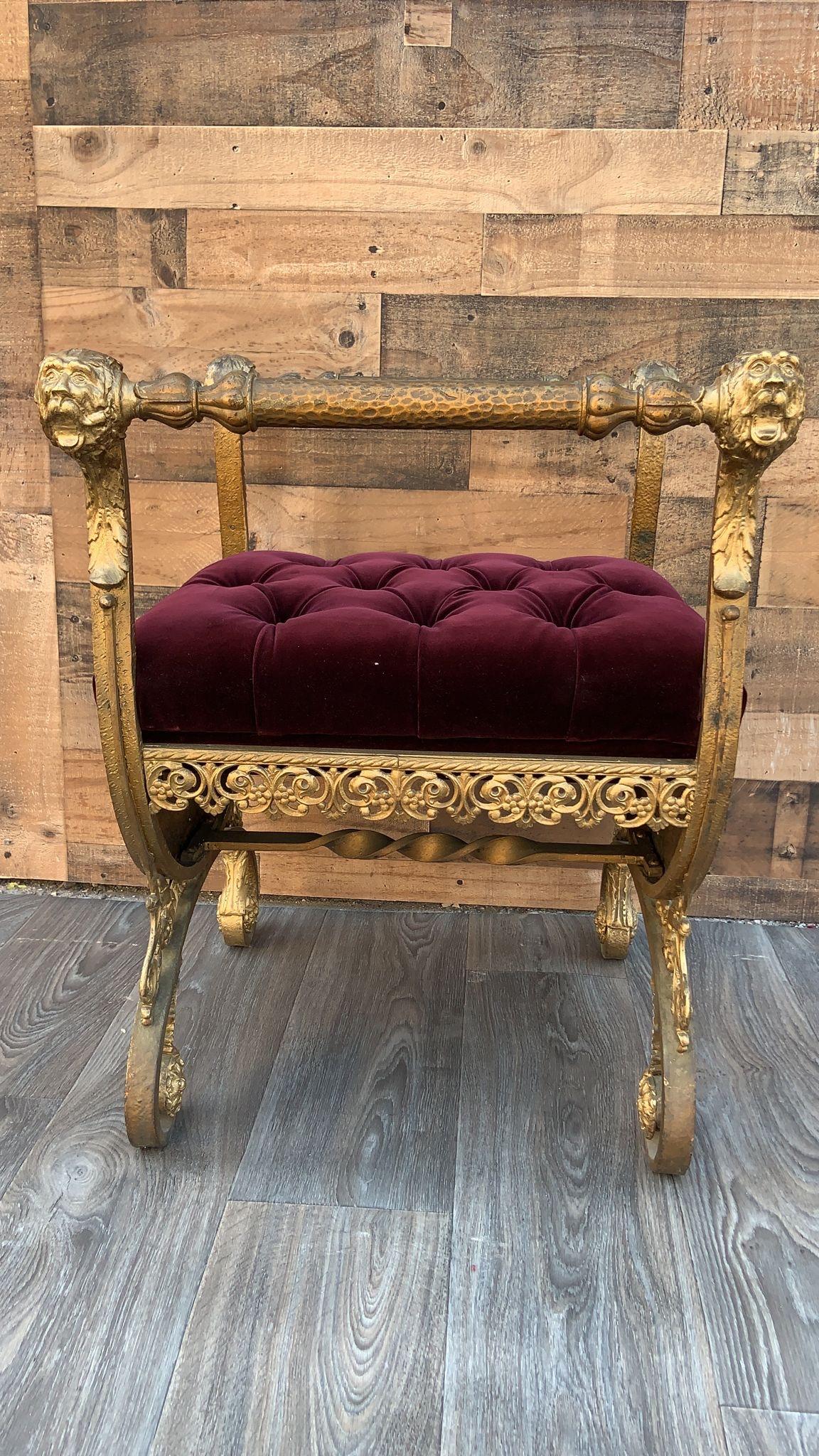 Late 19th Century Antique Italian Renaissance Ornate Scrolled Iron Vanity Bench Newly Upholstered  For Sale