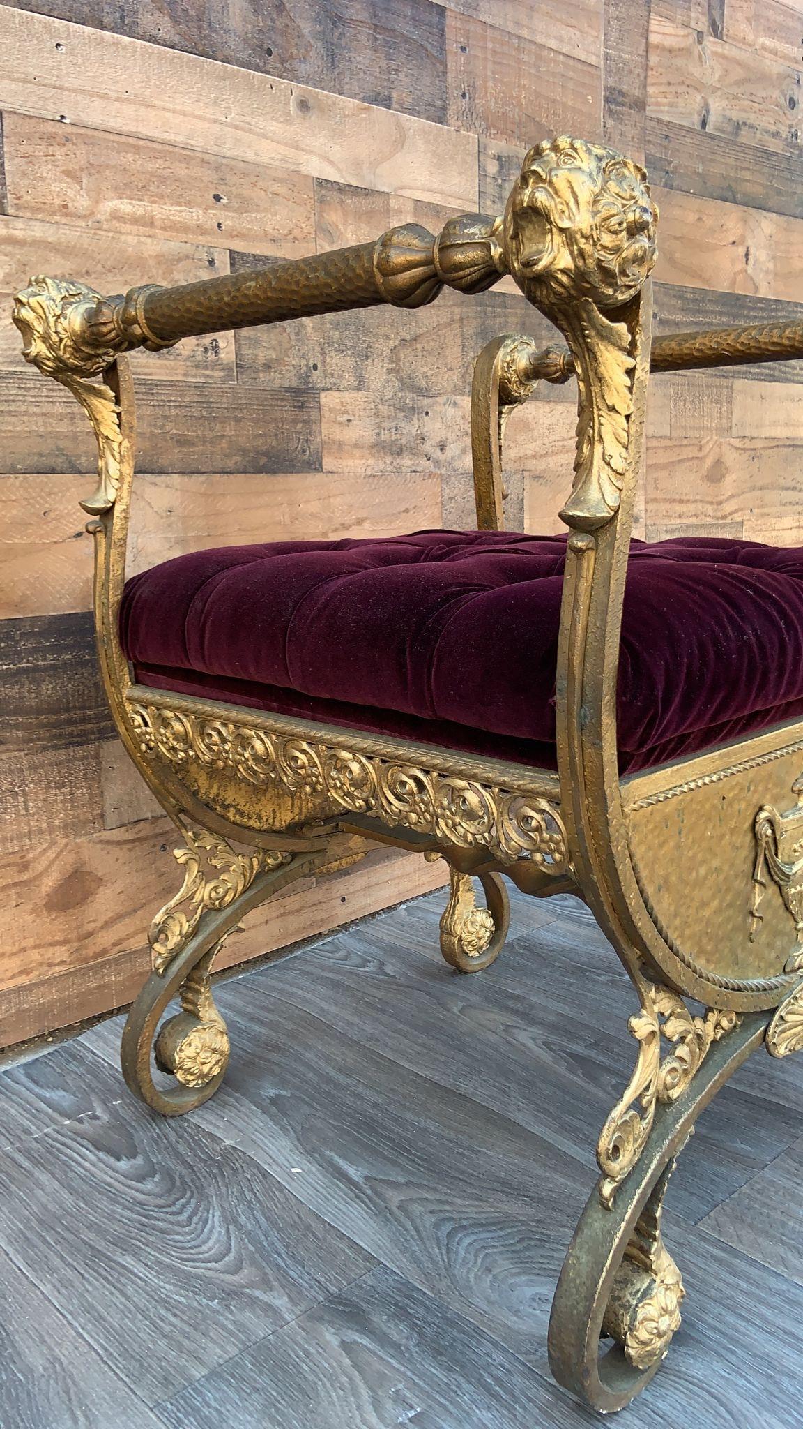 Velvet Antique Italian Renaissance Ornate Scrolled Iron Vanity Bench Newly Upholstered  For Sale