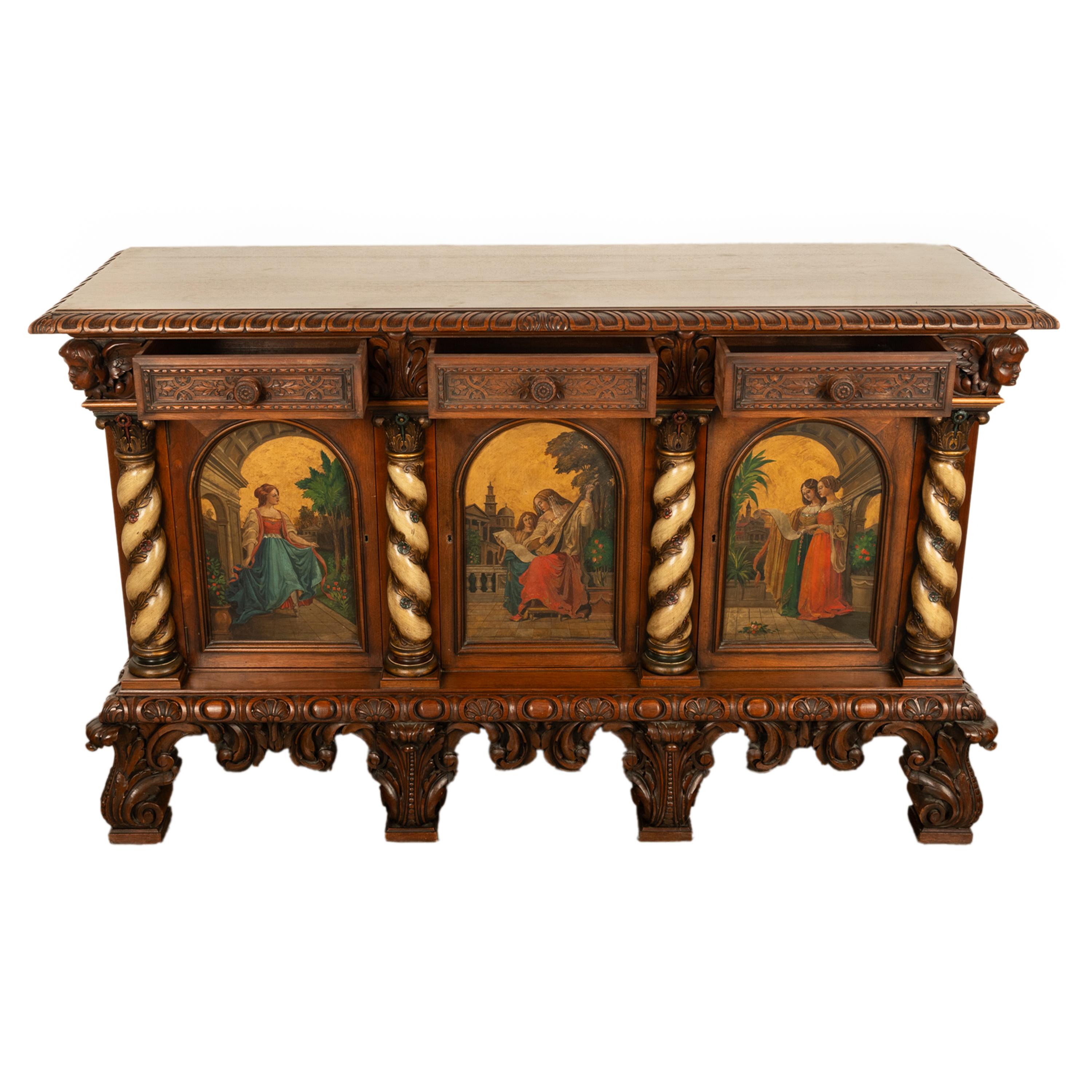 Antique Italian Renaissance Painted Polychrome Carved Buffet Cabinet 1890 3
