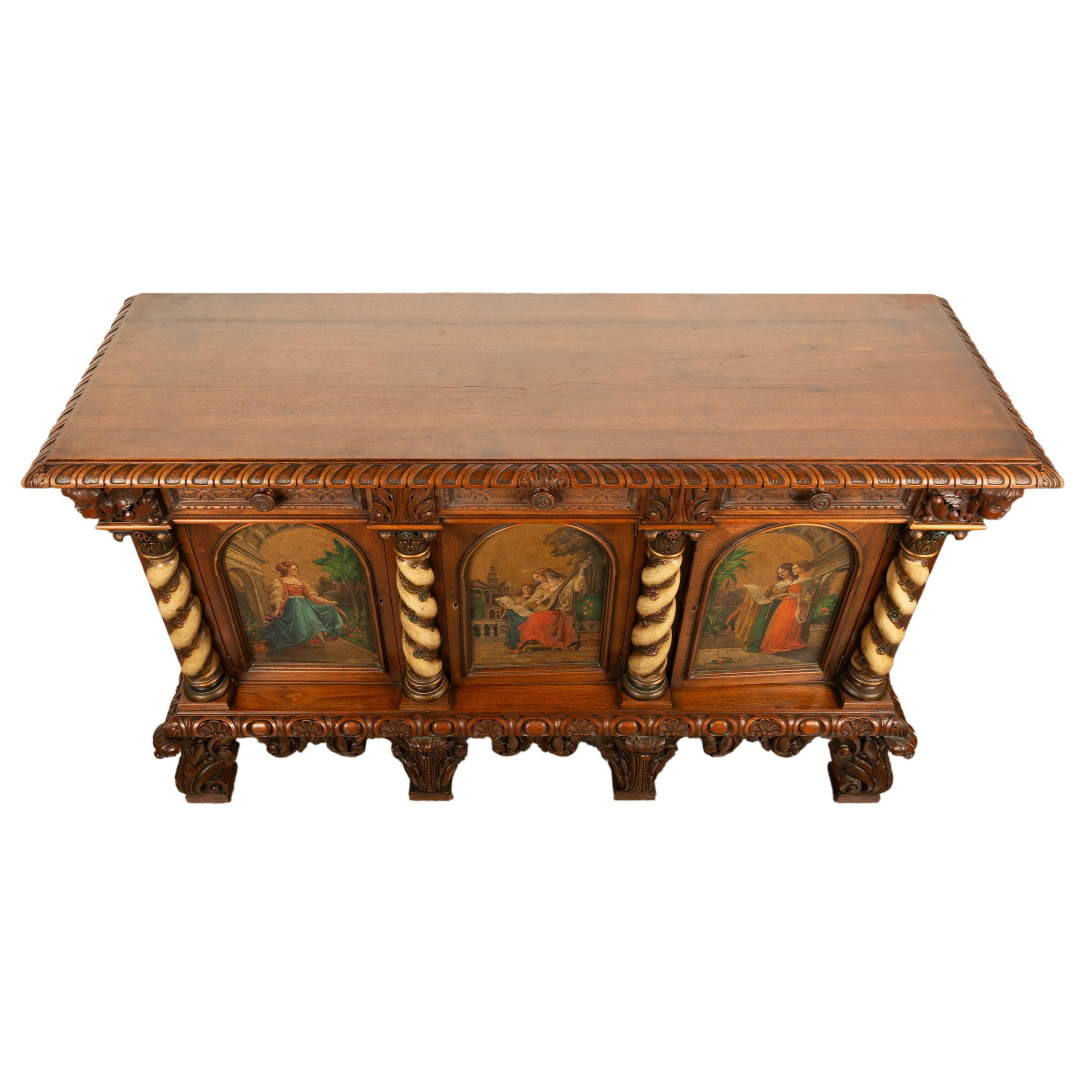 Antique Italian Renaissance Painted Polychrome Carved Buffet Cabinet 1890 4