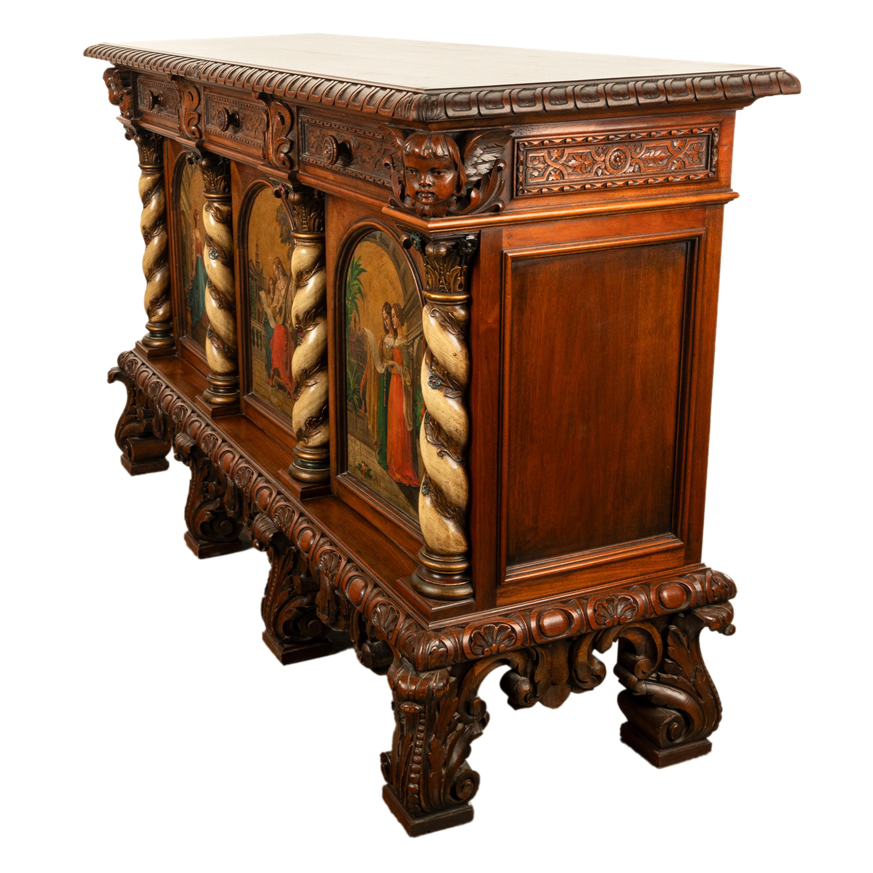 Antique Italian Renaissance Painted Polychrome Carved Buffet Cabinet 1890 5