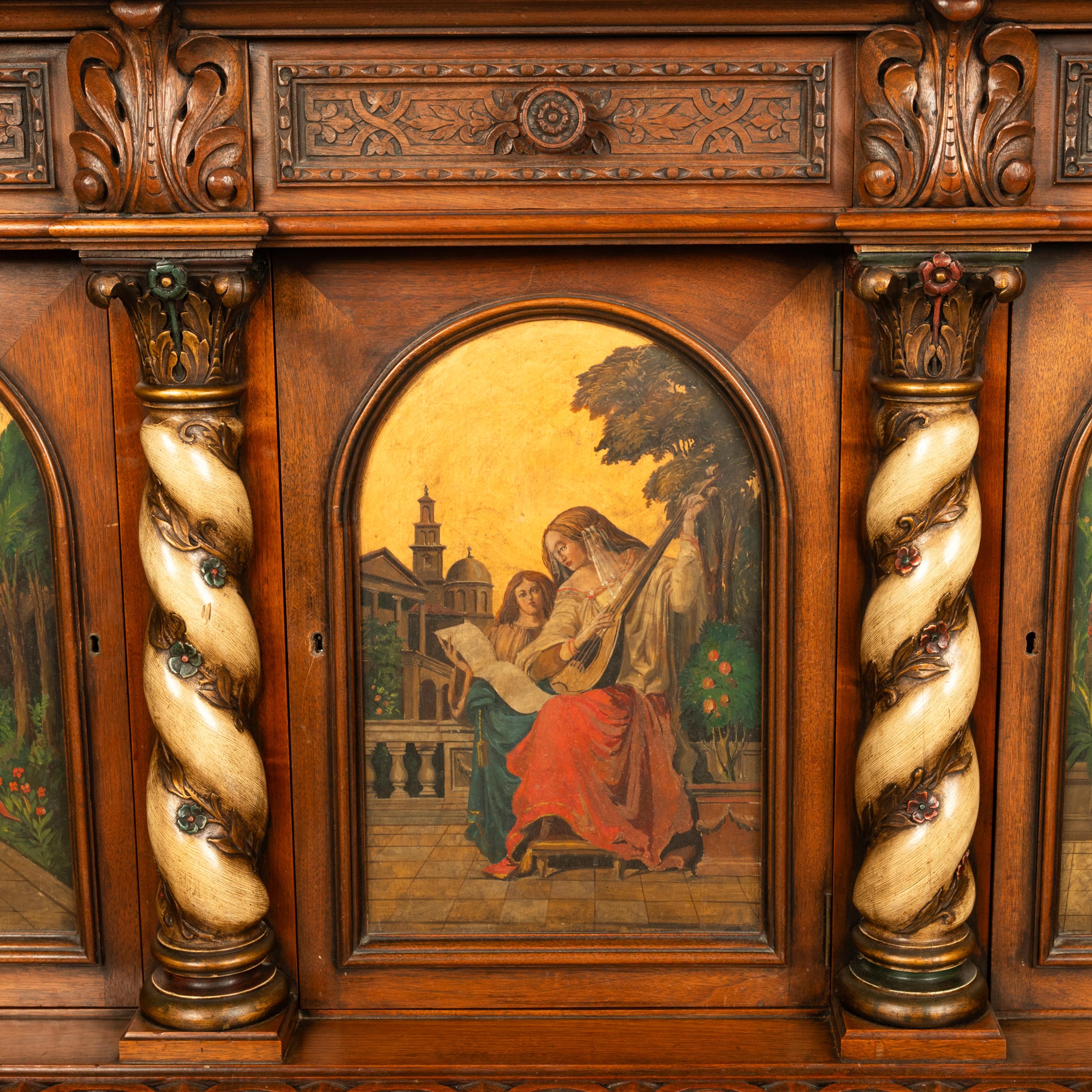 Antique Italian Renaissance Painted Polychrome Carved Buffet Cabinet 1890 7