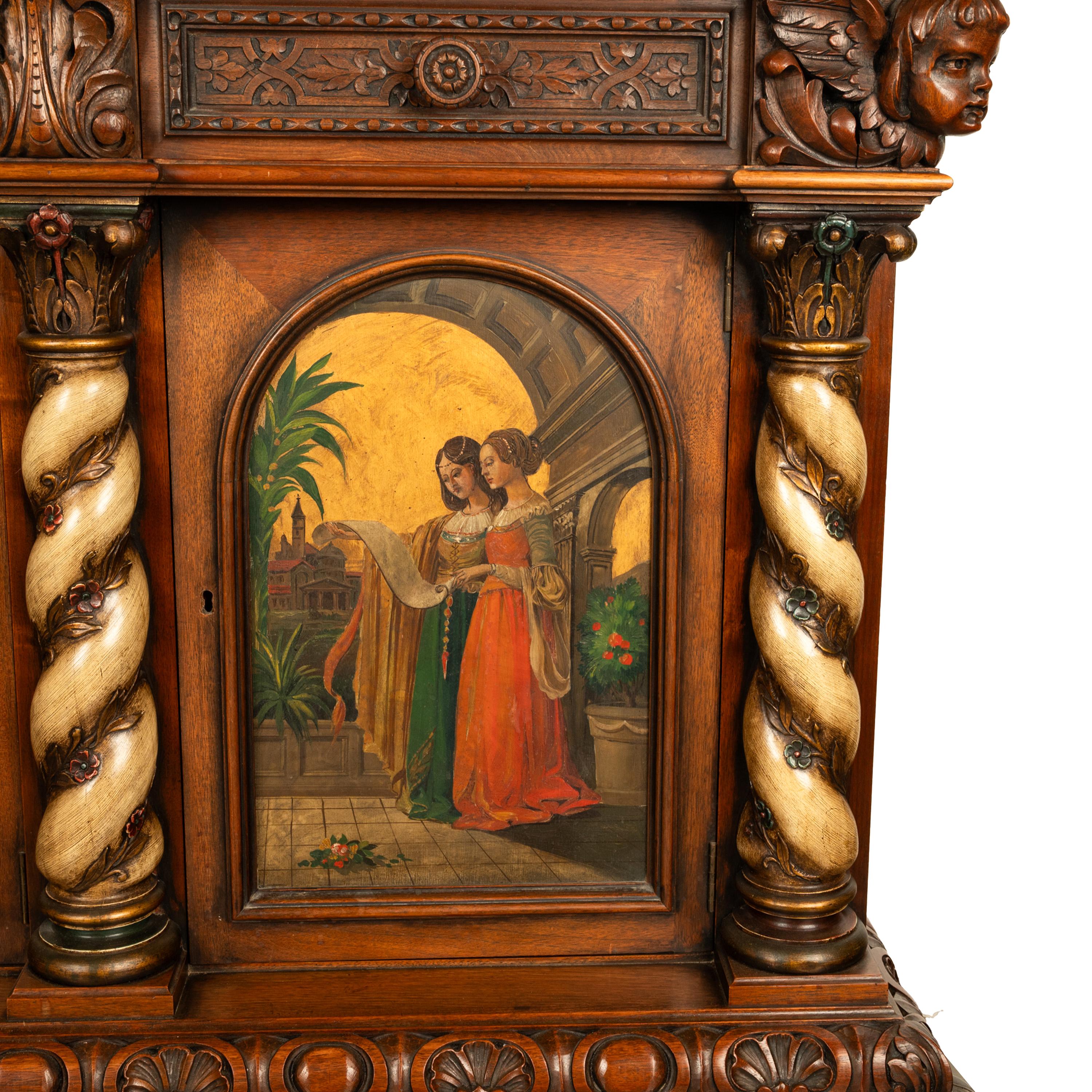 Antique Italian Renaissance Painted Polychrome Carved Buffet Cabinet 1890 8
