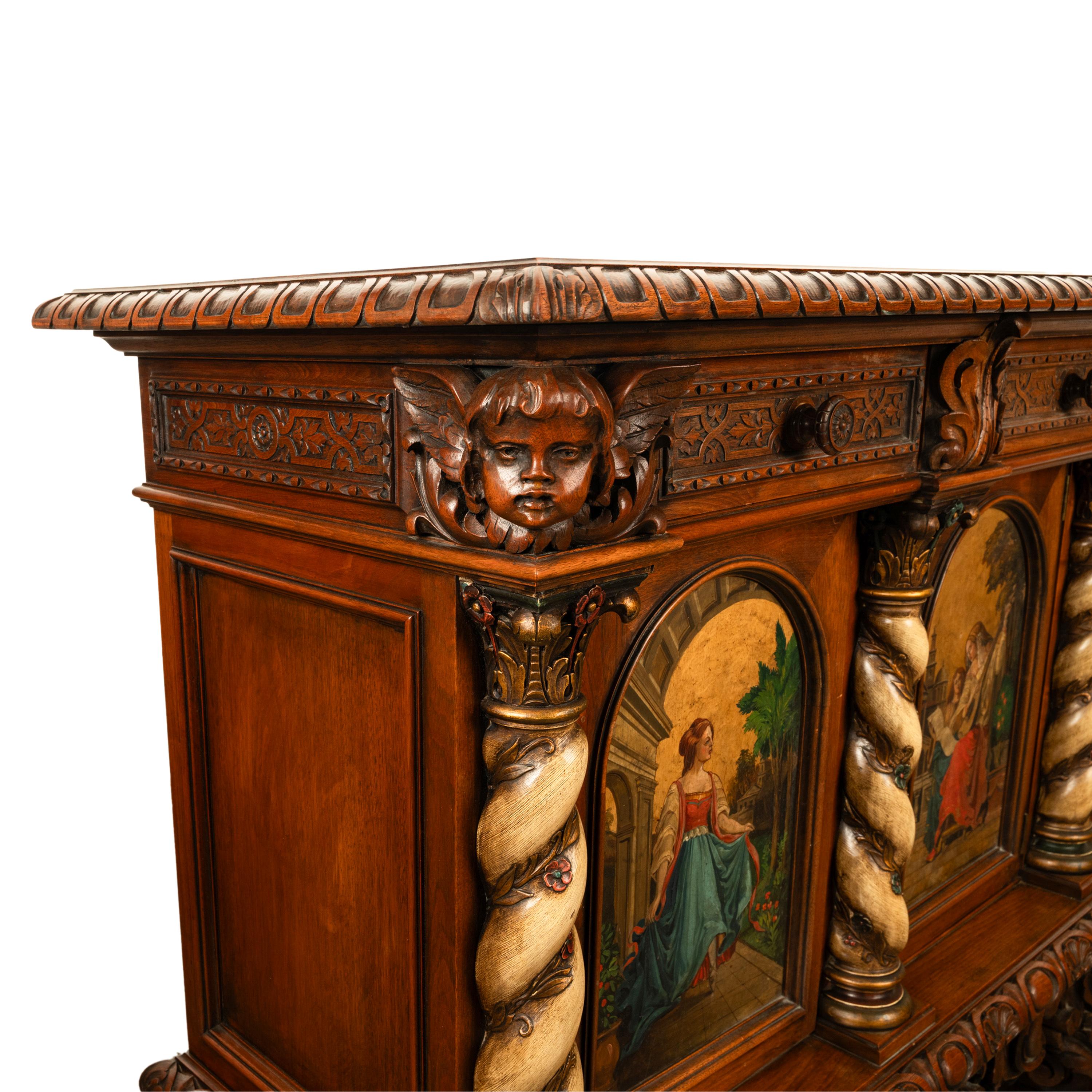 Antique Italian Renaissance Painted Polychrome Carved Buffet Cabinet 1890 9